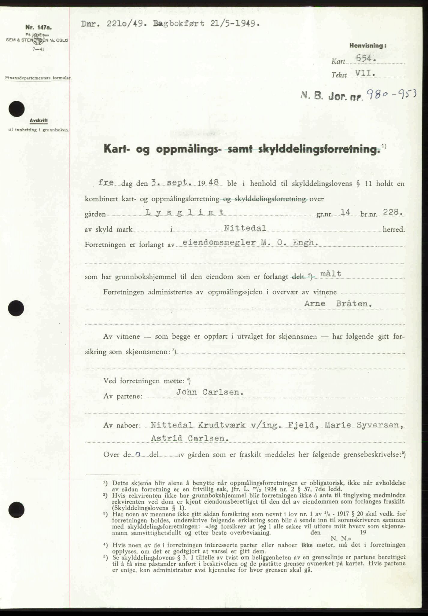 Nedre Romerike sorenskriveri, SAO/A-10469/G/Gb/Gbd/L0025: Pantebok nr. 25, 1949-1949, Dagboknr: 2210/1949