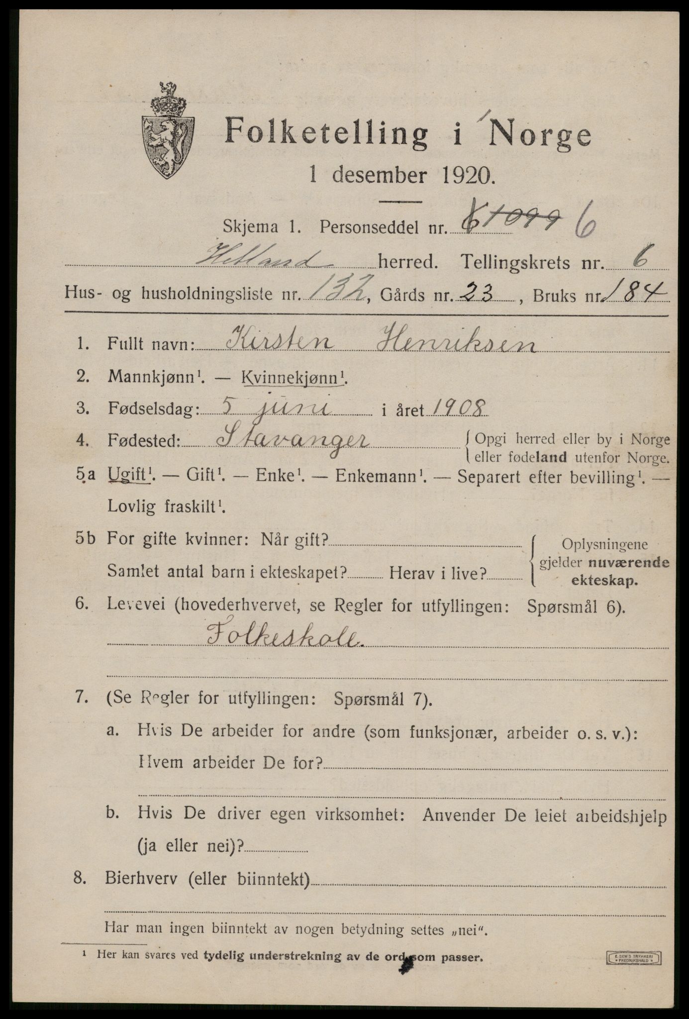 SAST, Folketelling 1920 for 1126 Hetland herred, 1920, s. 11651