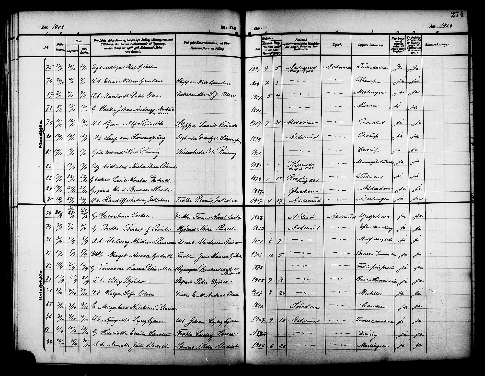 Ministerialprotokoller, klokkerbøker og fødselsregistre - Møre og Romsdal, AV/SAT-A-1454/529/L0470: Klokkerbok nr. 529C07, 1907-1917, s. 274