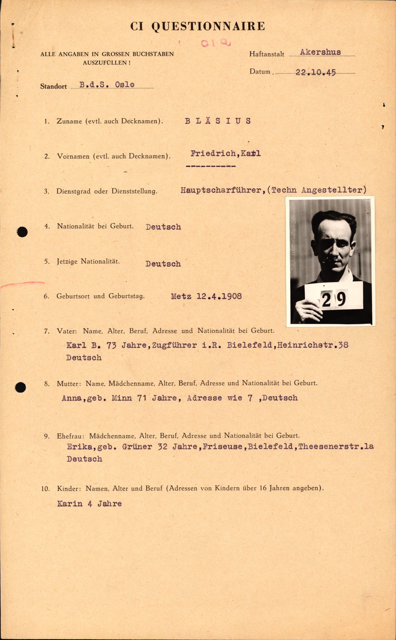 Forsvaret, Forsvarets overkommando II, RA/RAFA-3915/D/Db/L0003: CI Questionaires. Tyske okkupasjonsstyrker i Norge. Tyskere., 1945-1946, s. 276