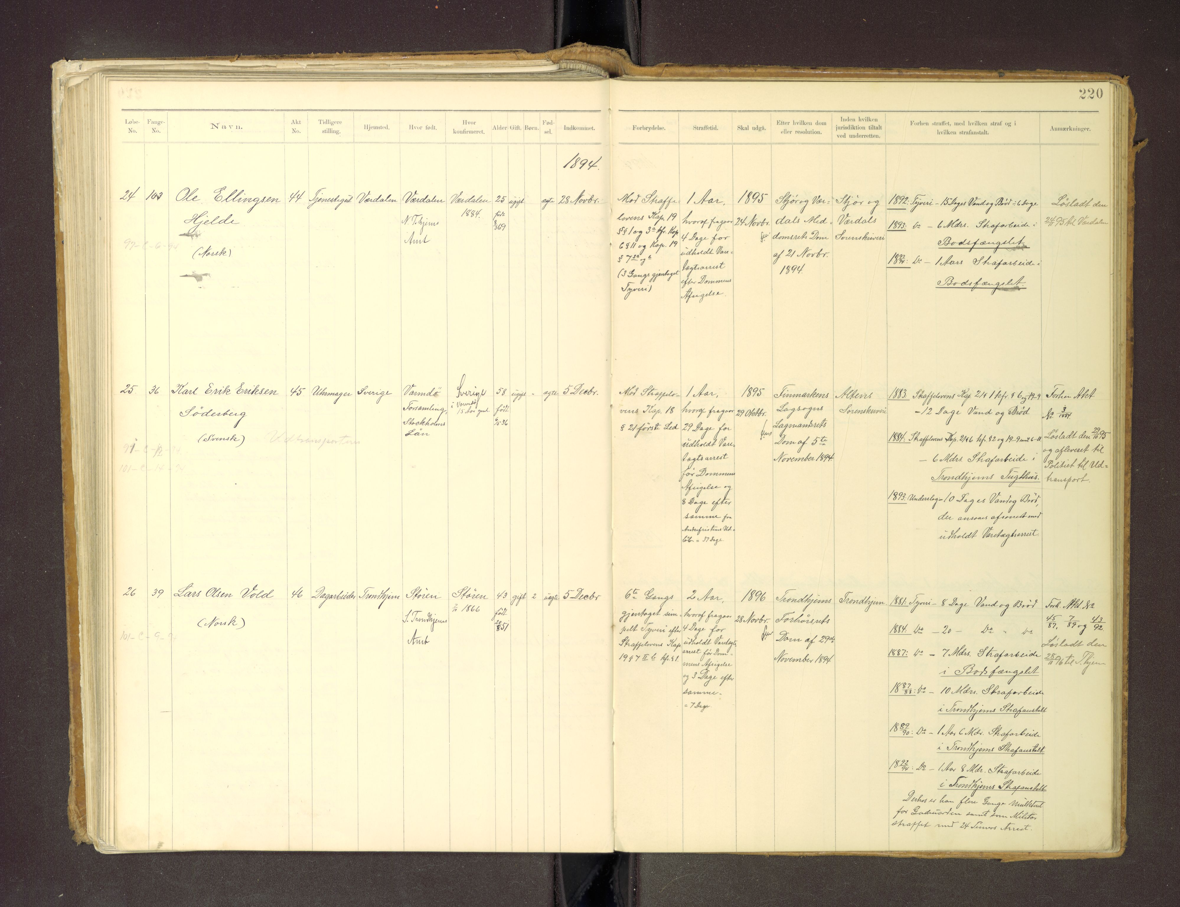 Trondheim tukthus, SAT/A-4619/05/65/L0036: 65.36 Fangeprotokoll m/reg, 1885-1898, s. 220