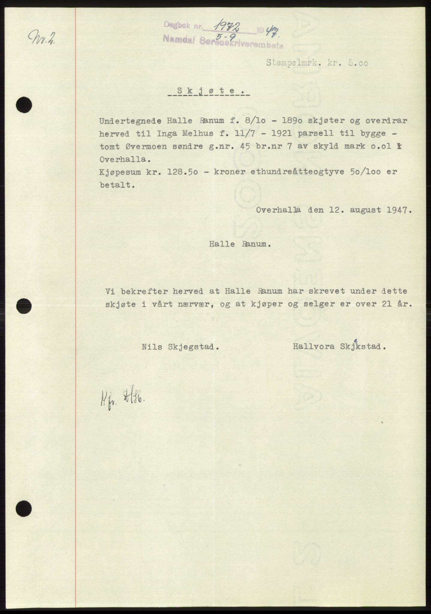 Namdal sorenskriveri, SAT/A-4133/1/2/2C: Pantebok nr. -, 1947-1947, Dagboknr: 1972/1947