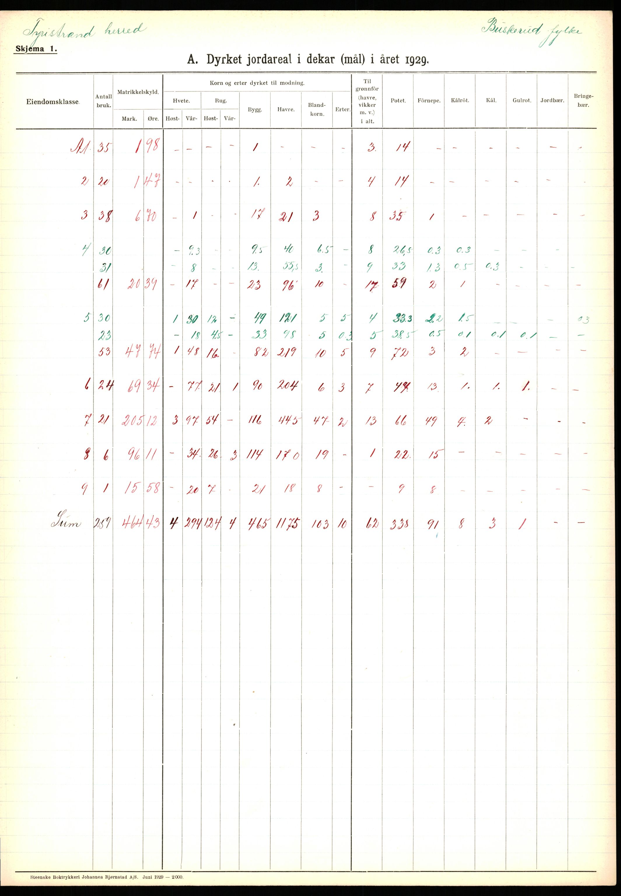 Statistisk sentralbyrå, Næringsøkonomiske emner, Jordbruk, skogbruk, jakt, fiske og fangst, AV/RA-S-2234/G/Ga/L0005: Buskerud, 1929, s. 9