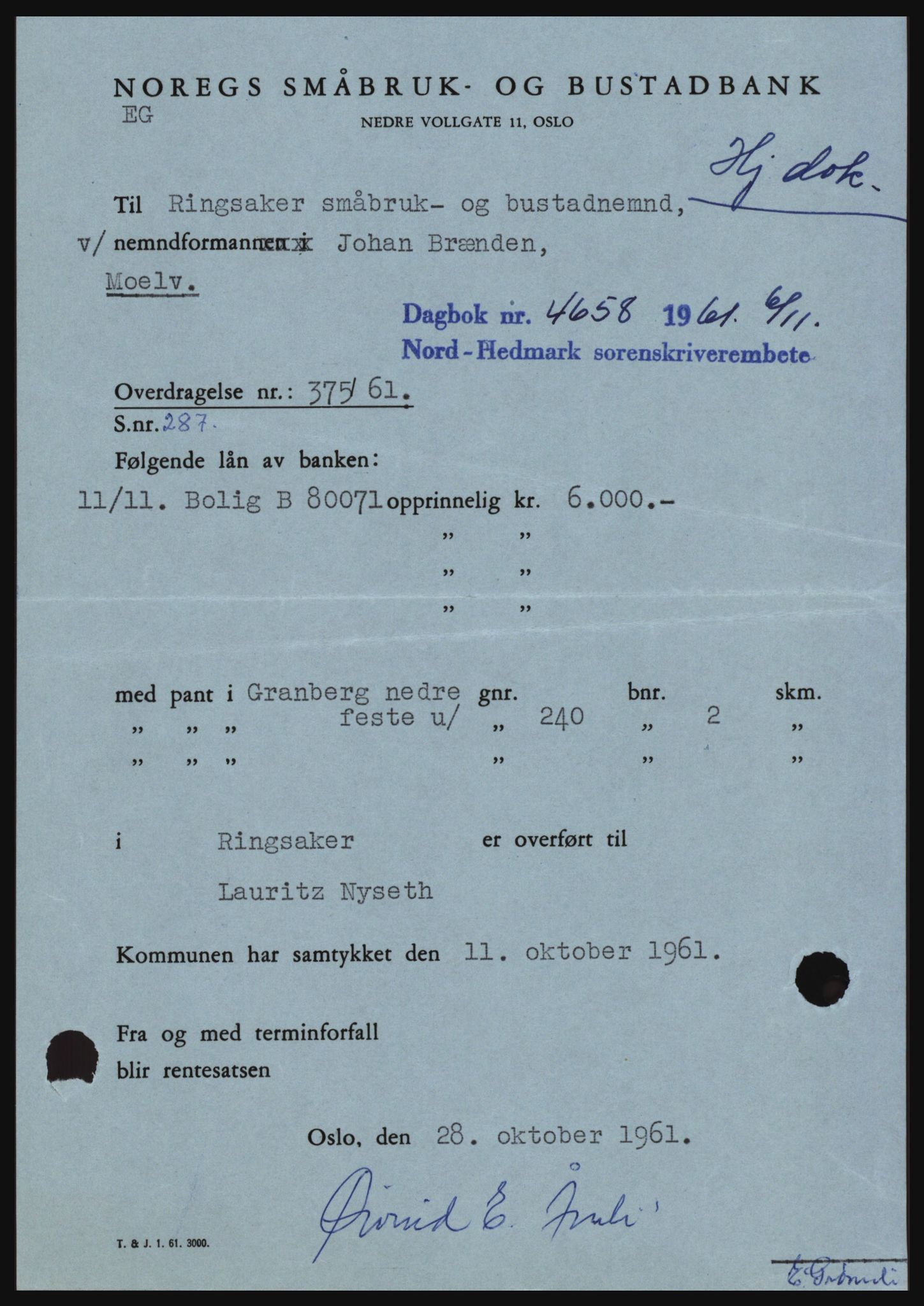 Nord-Hedmark sorenskriveri, SAH/TING-012/H/Hc/L0015: Pantebok nr. 15, 1961-1961, Dagboknr: 4658/1961