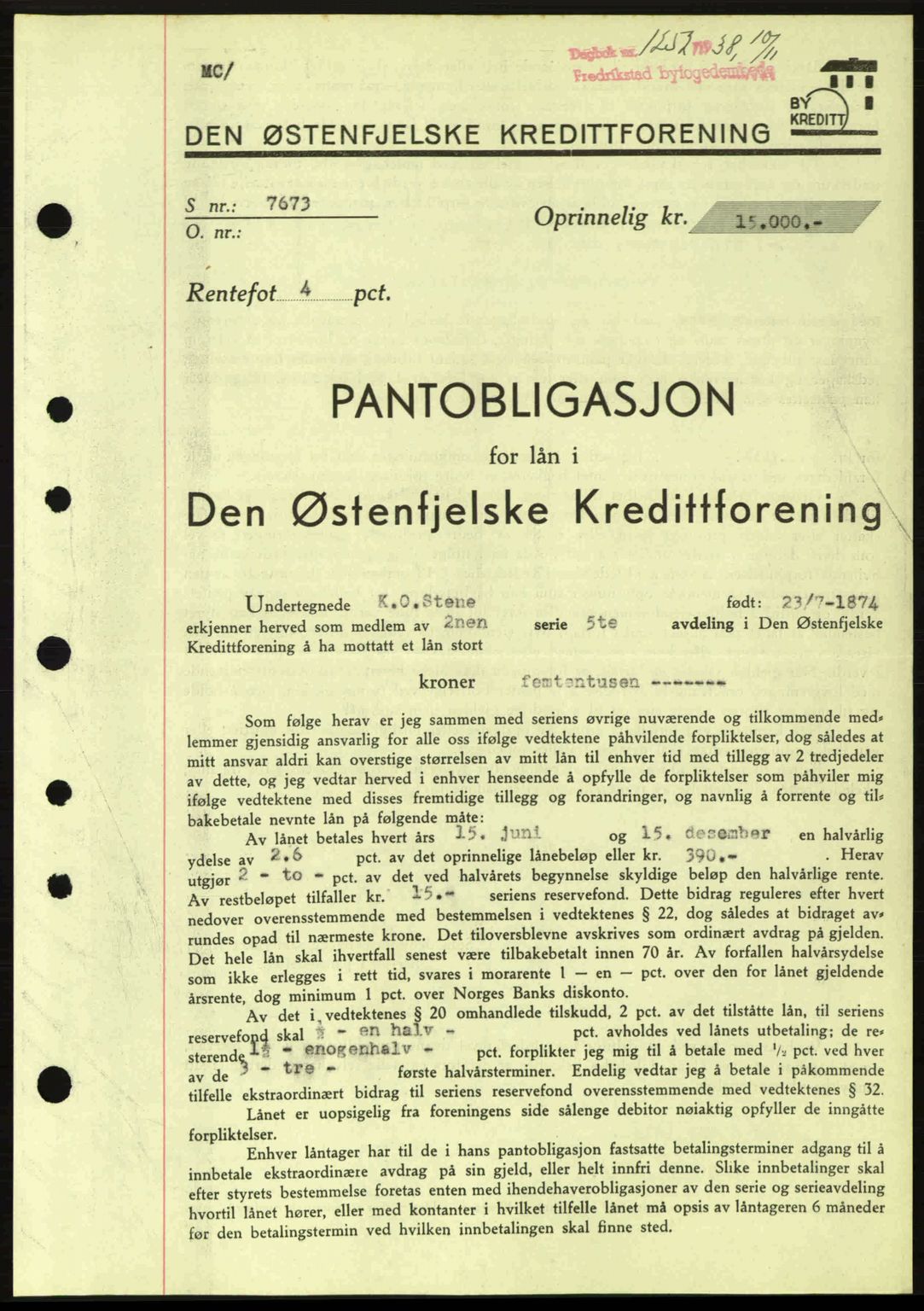 Fredrikstad byfogd, SAO/A-10473a/G/Ga/Gad/L0002: Pantebok nr. B2, 1938-1939, Dagboknr: 1252/1938