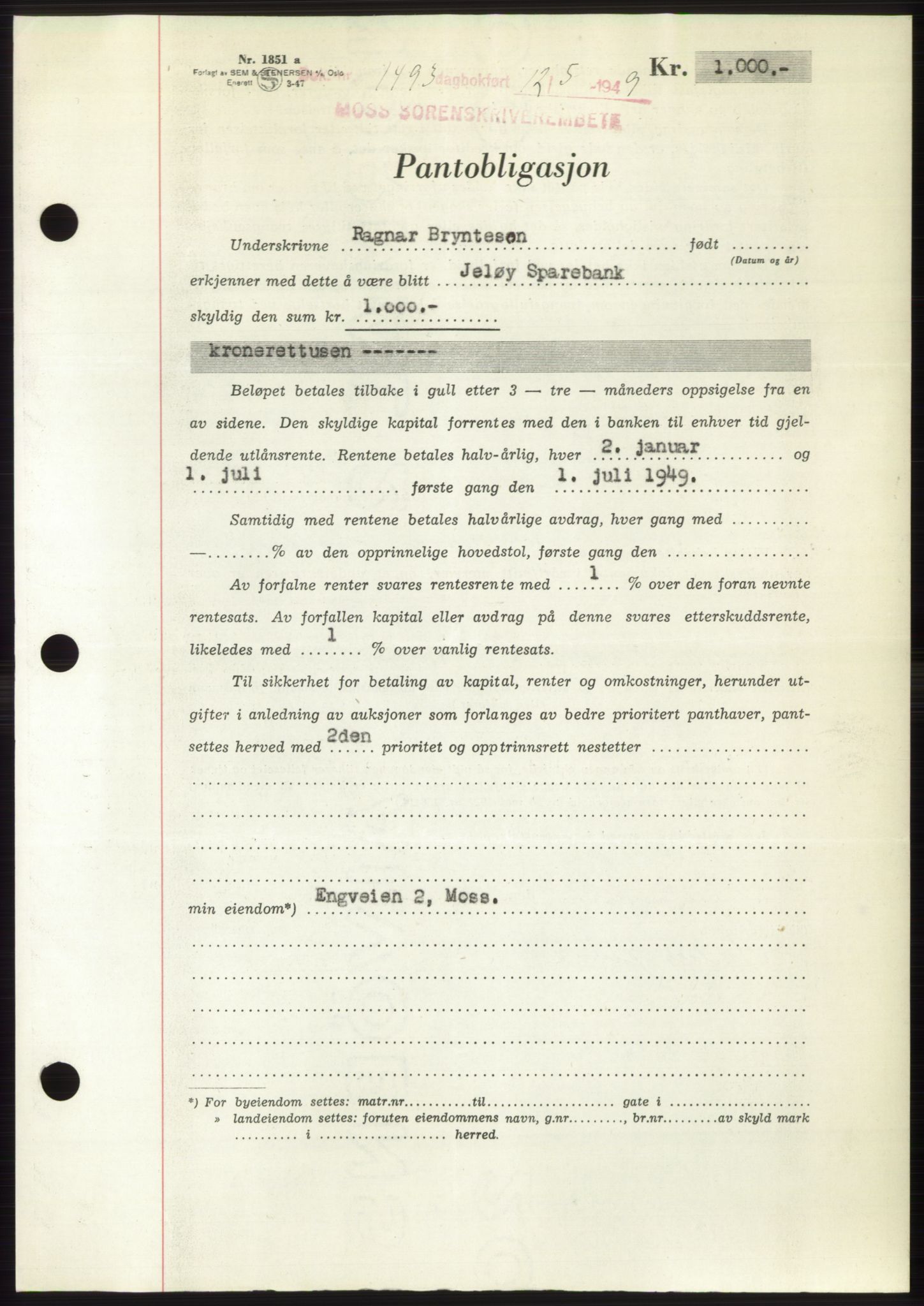 Moss sorenskriveri, SAO/A-10168: Pantebok nr. B21, 1949-1949, Dagboknr: 1493/1949