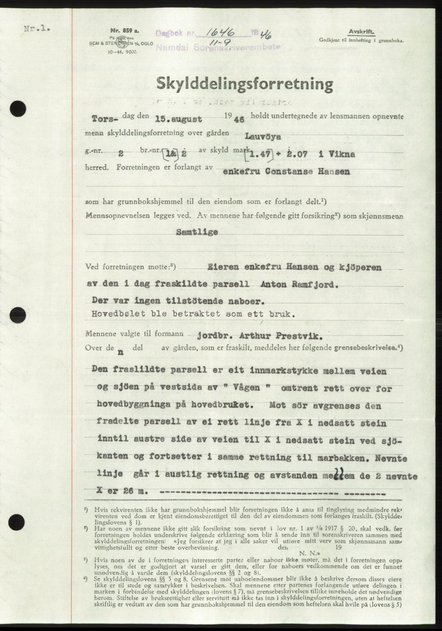 Namdal sorenskriveri, SAT/A-4133/1/2/2C: Pantebok nr. -, 1946-1947, Dagboknr: 1646/1946