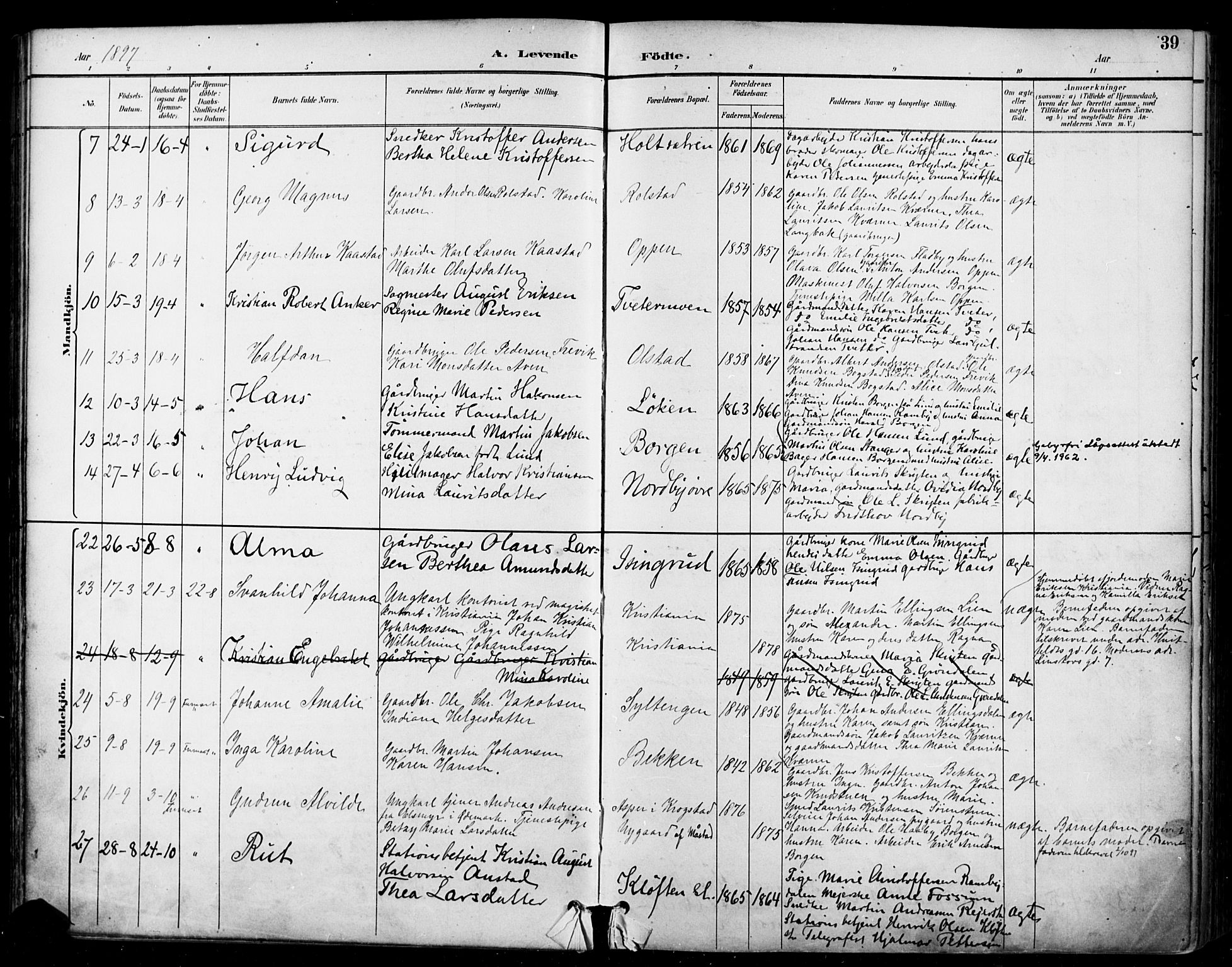 Ullensaker prestekontor Kirkebøker, AV/SAO-A-10236a/F/Fa/L0020: Ministerialbok nr. I 20, 1892-1902, s. 39