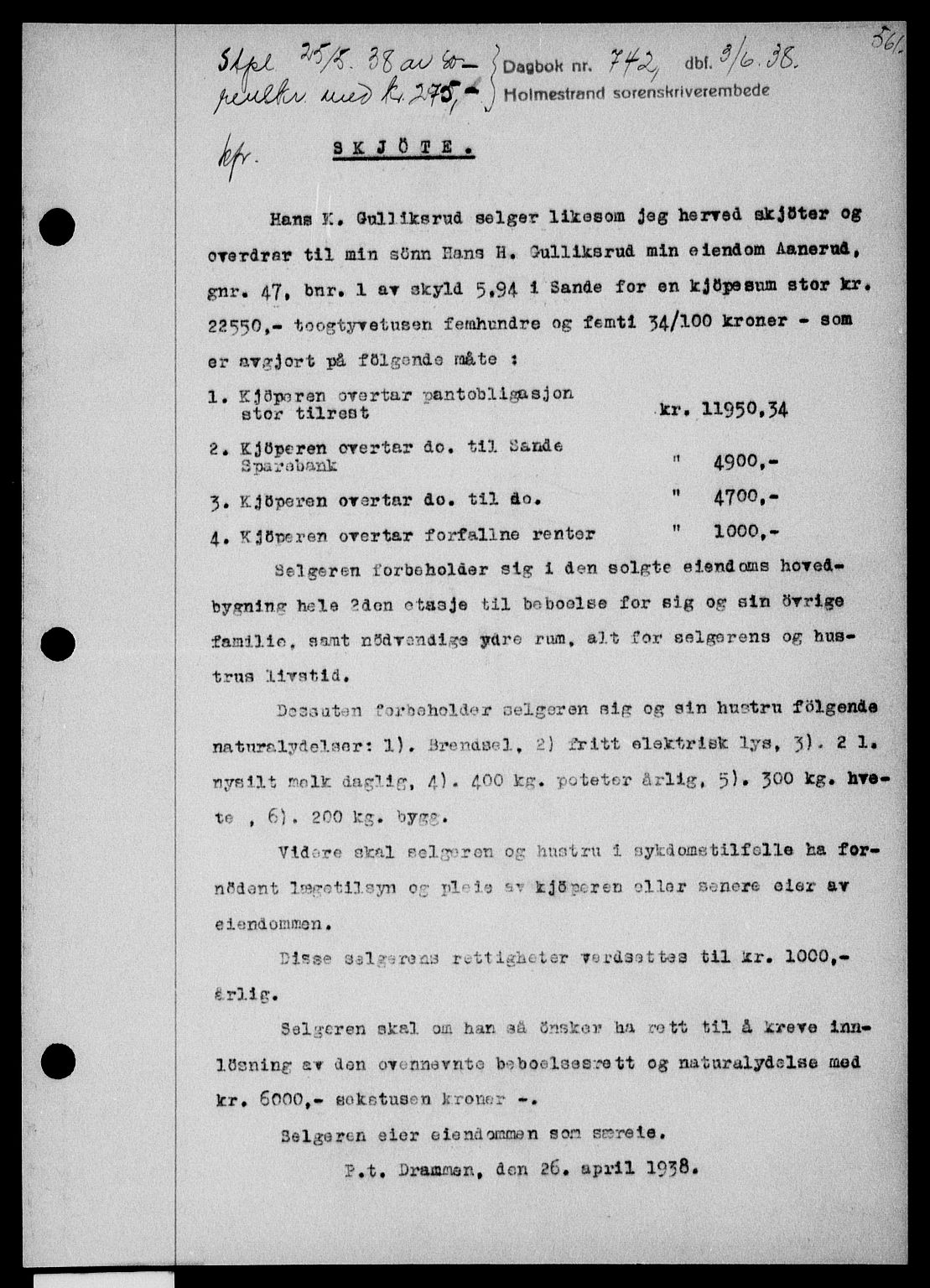 Holmestrand sorenskriveri, SAKO/A-67/G/Ga/Gaa/L0049: Pantebok nr. A-49, 1937-1938, Dagboknr: 742/1938