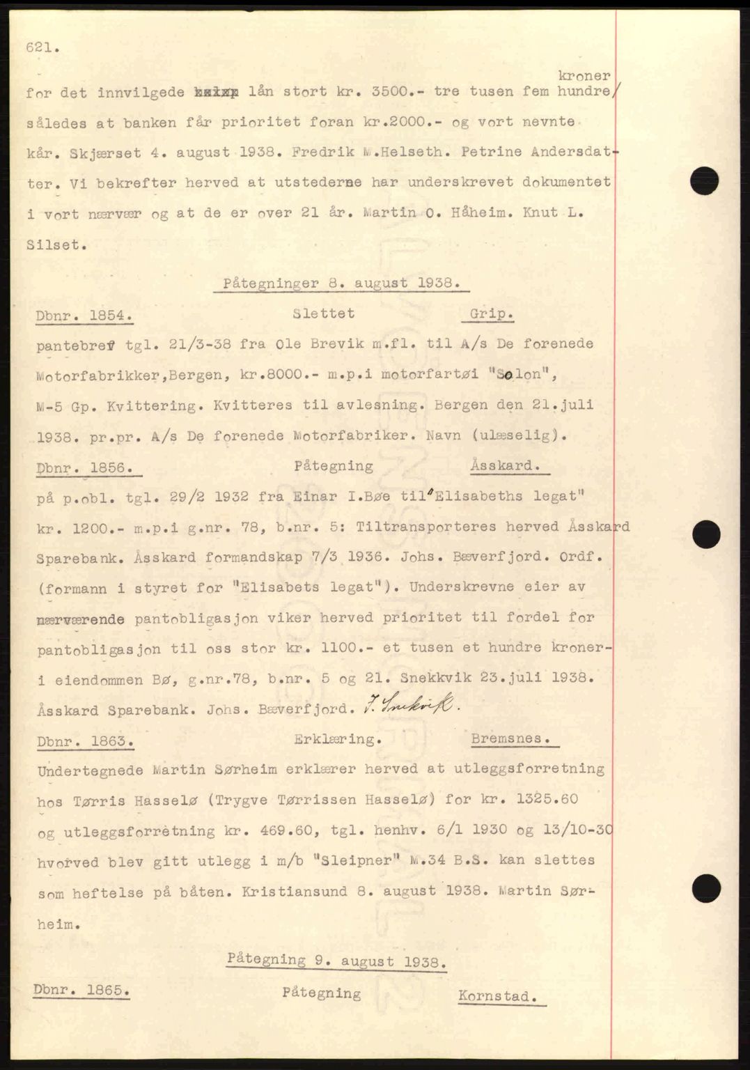 Nordmøre sorenskriveri, SAT/A-4132/1/2/2Ca: Pantebok nr. C80, 1936-1939, Dagboknr: 1854/1938