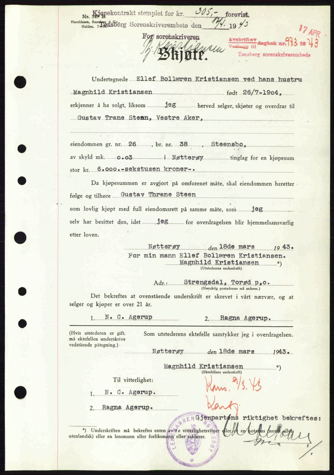 Tønsberg sorenskriveri, AV/SAKO-A-130/G/Ga/Gaa/L0013: Pantebok nr. A13, 1943-1943, Dagboknr: 973/1943