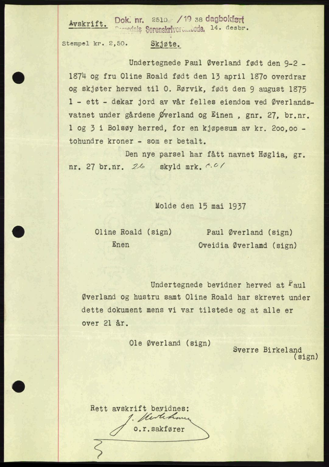 Romsdal sorenskriveri, AV/SAT-A-4149/1/2/2C: Pantebok nr. A6, 1938-1939, Dagboknr: 2510/1938