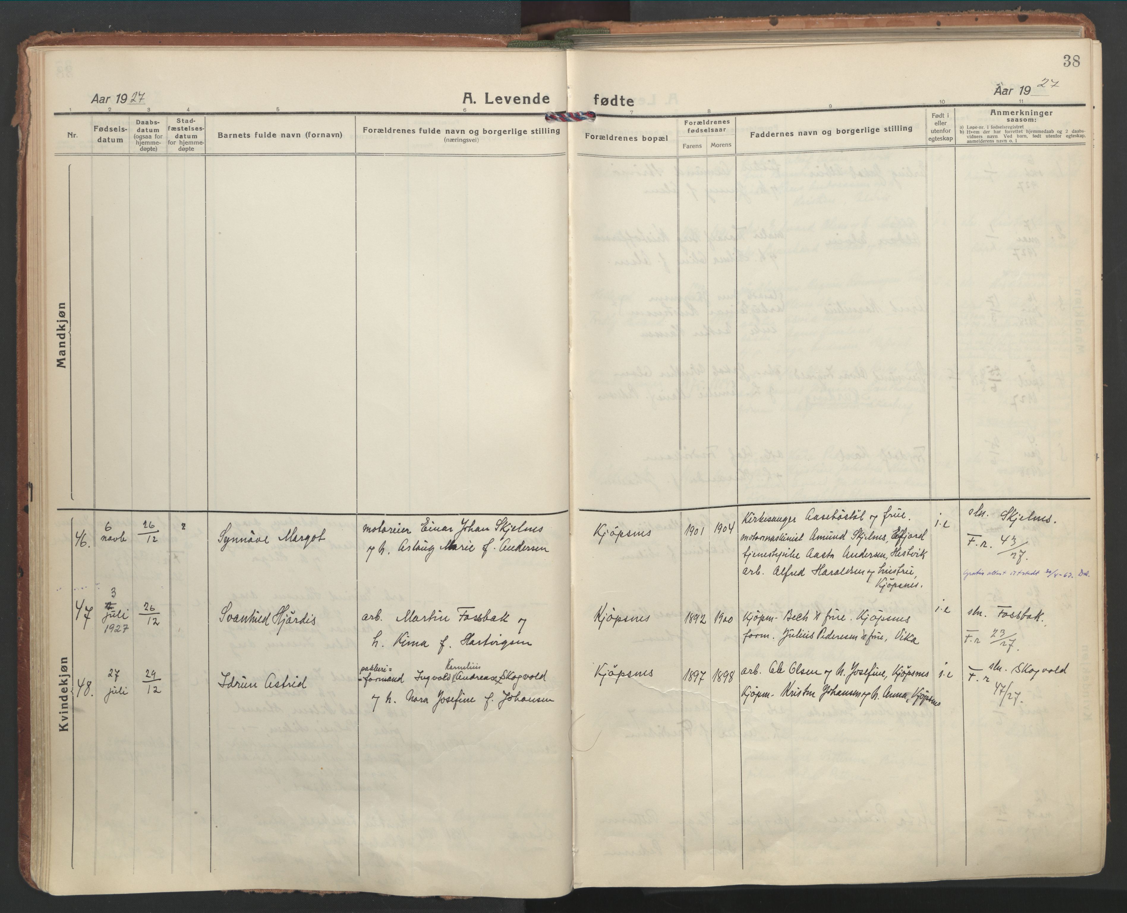 Ministerialprotokoller, klokkerbøker og fødselsregistre - Nordland, AV/SAT-A-1459/861/L0873: Ministerialbok nr. 861A08, 1923-1932, s. 38