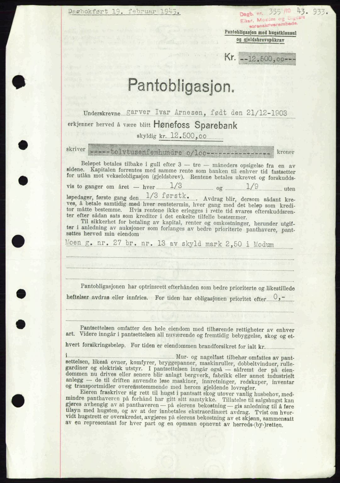 Eiker, Modum og Sigdal sorenskriveri, SAKO/A-123/G/Ga/Gab/L0047: Pantebok nr. A17, 1942-1943, Dagboknr: 355/1943
