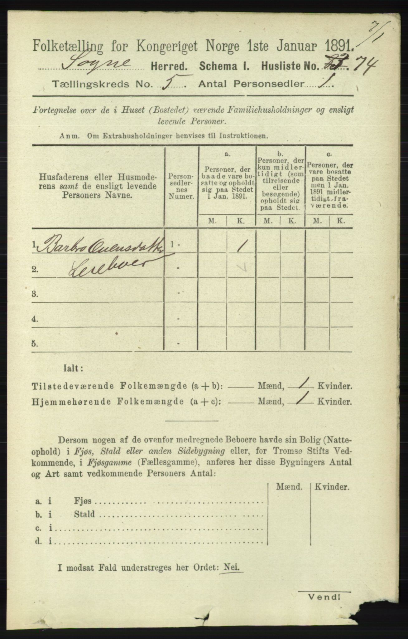 RA, Folketelling 1891 for 1018 Søgne herred, 1891, s. 905