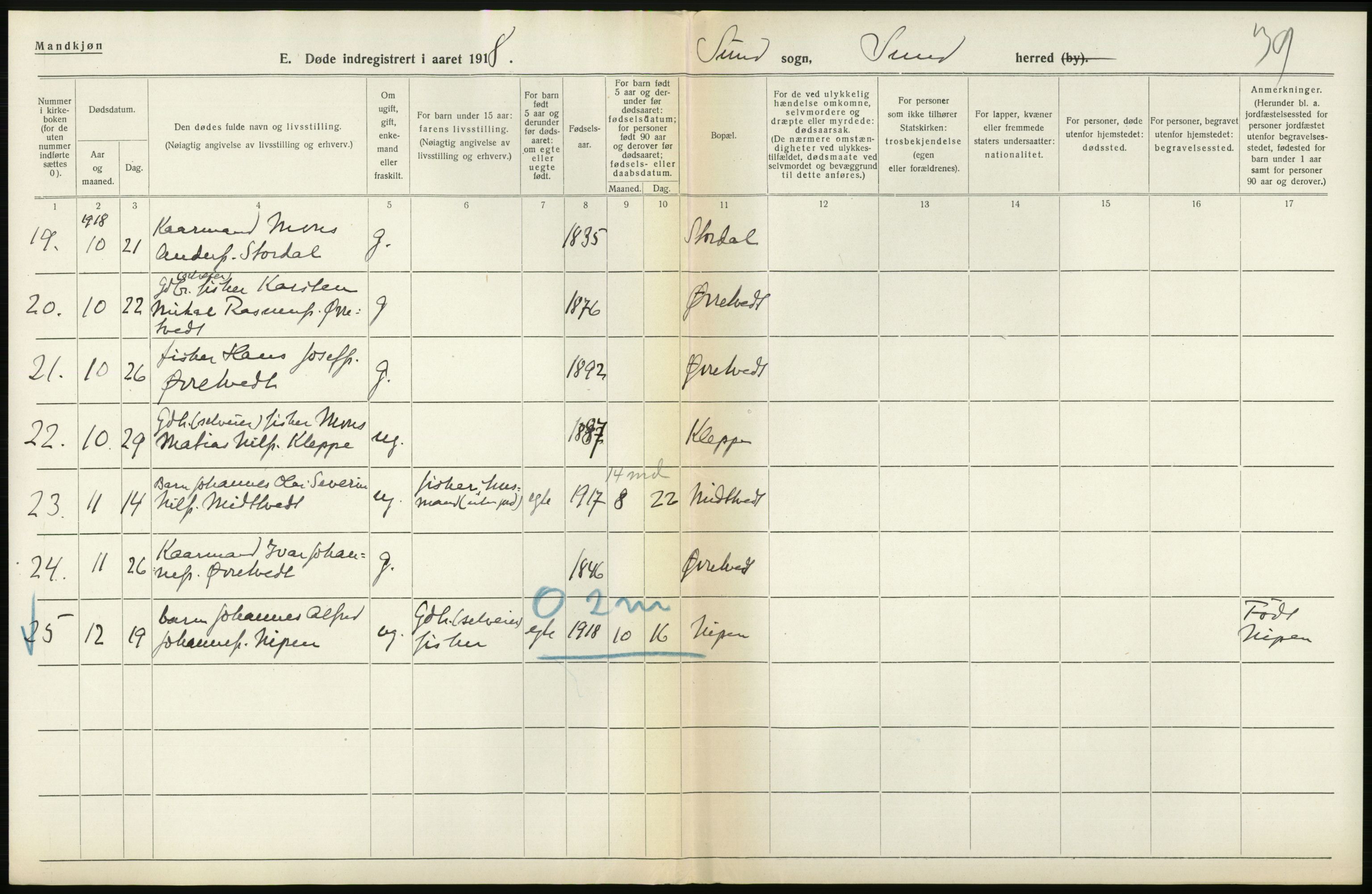 Statistisk sentralbyrå, Sosiodemografiske emner, Befolkning, RA/S-2228/D/Df/Dfb/Dfbh/L0036: Hordaland fylke: Døde., 1918, s. 162