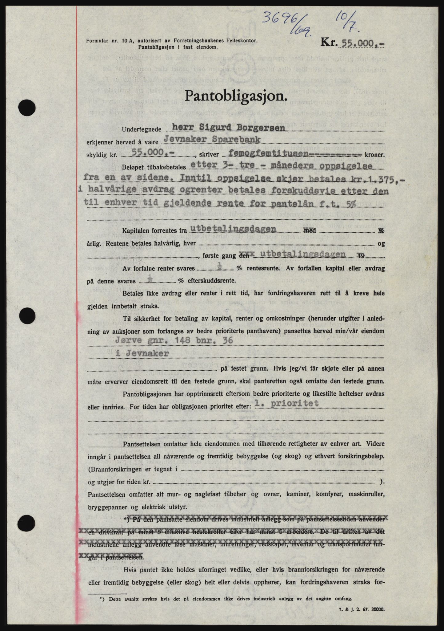 Hadeland og Land tingrett, SAH/TING-010/H/Hb/Hbc/L0074: Pantebok nr. B74, 1969-1969, Dagboknr: 3696/1969