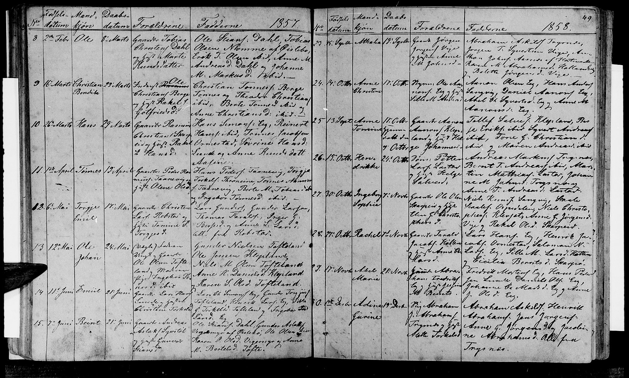 Søgne sokneprestkontor, AV/SAK-1111-0037/F/Fb/Fbb/L0003: Klokkerbok nr. B 3, 1848-1864, s. 49