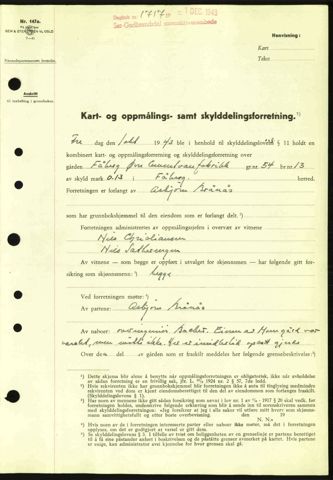 Sør-Gudbrandsdal tingrett, SAH/TING-004/H/Hb/Hbd/L0012: Pantebok nr. A12, 1943-1944, Dagboknr: 1717/1943
