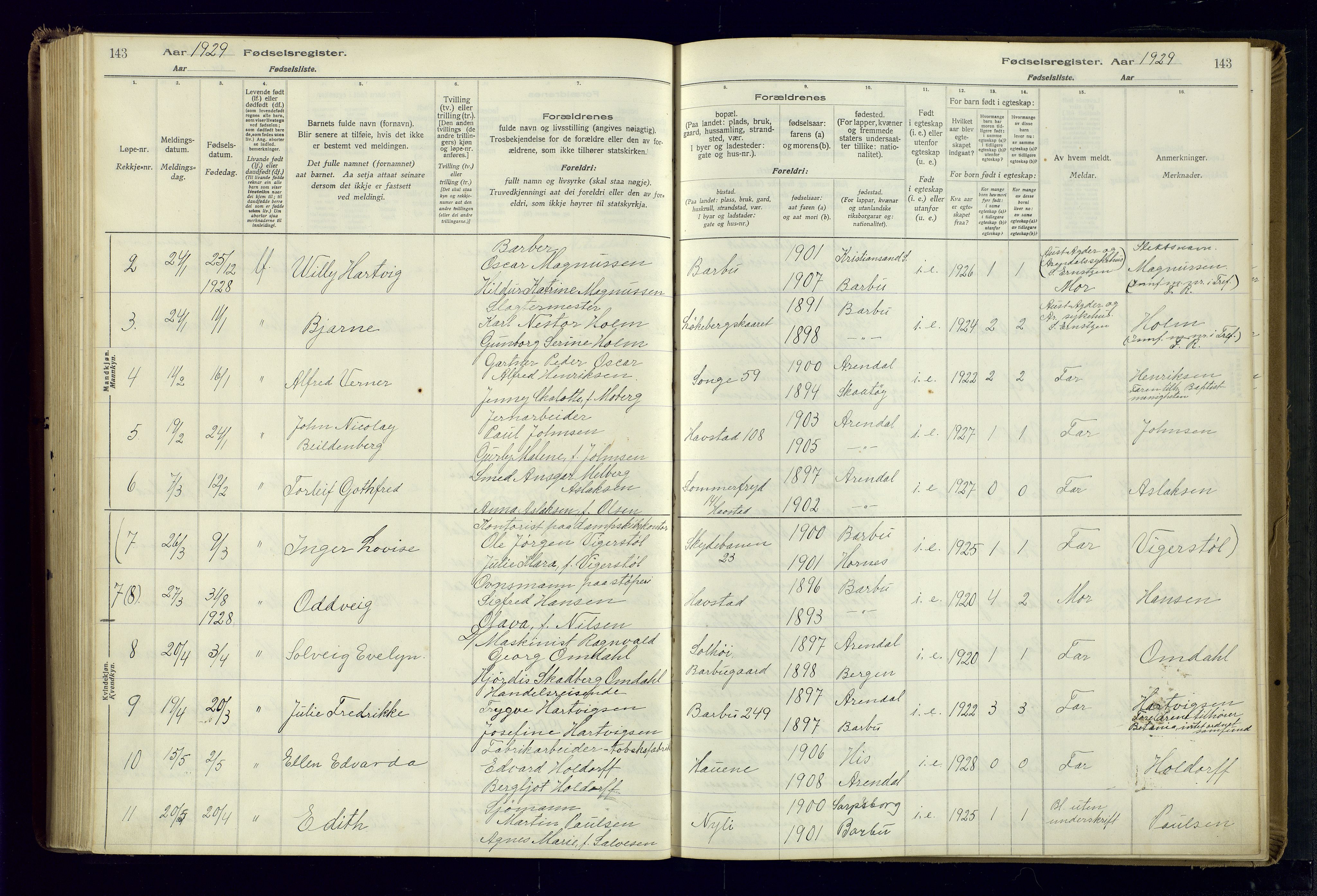 Barbu sokneprestkontor, SAK/1111-0003/J/Ja/L0001: Fødselsregister nr. A-VIII-1, 1916-1937, s. 143