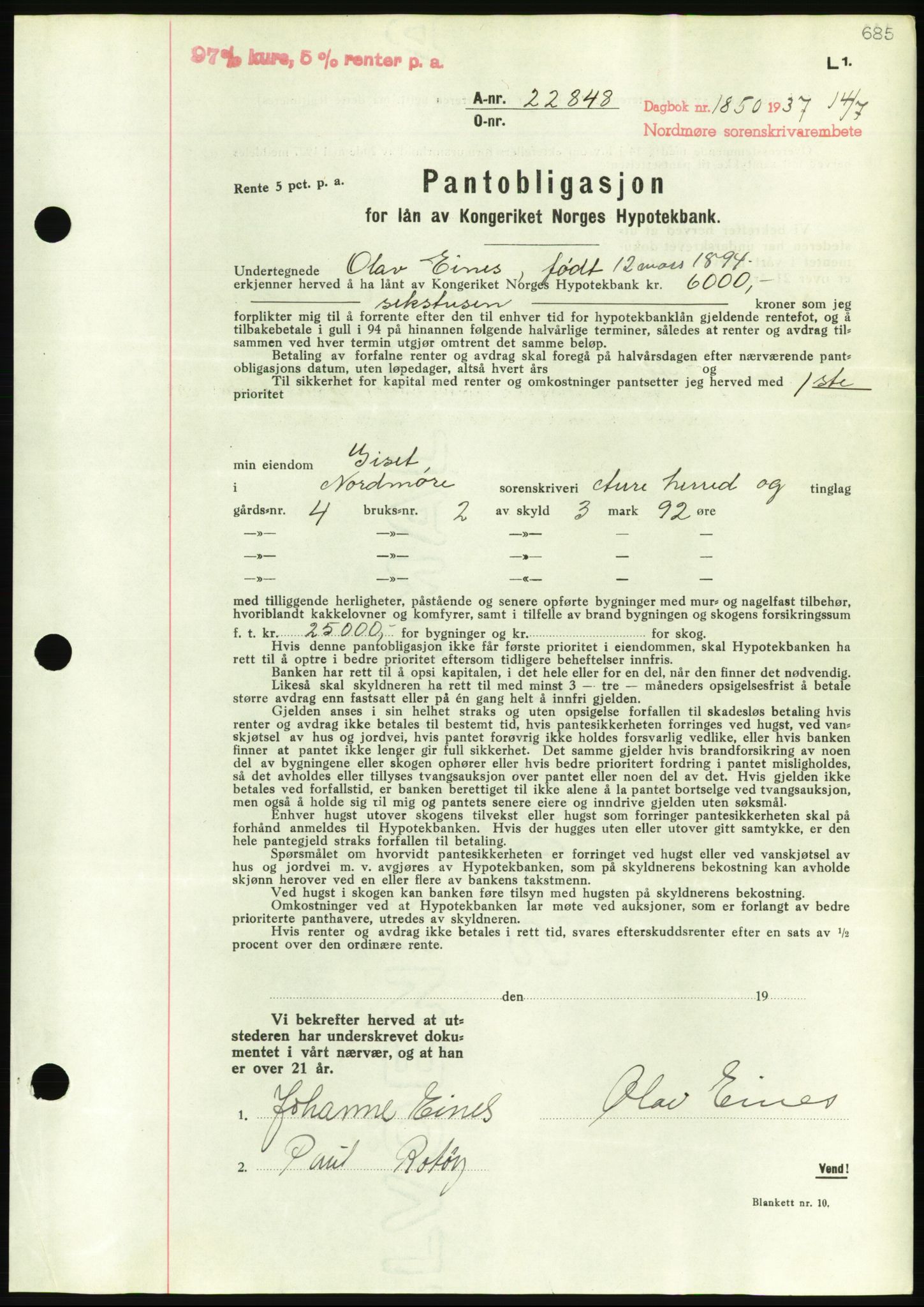 Nordmøre sorenskriveri, AV/SAT-A-4132/1/2/2Ca/L0091: Pantebok nr. B81, 1937-1937, Dagboknr: 1850/1937