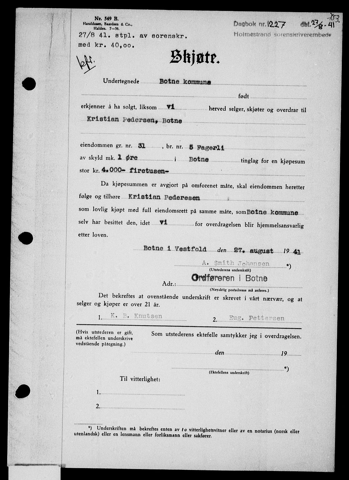 Holmestrand sorenskriveri, SAKO/A-67/G/Ga/Gaa/L0053: Pantebok nr. A-53, 1941-1941, Dagboknr: 1227/1941