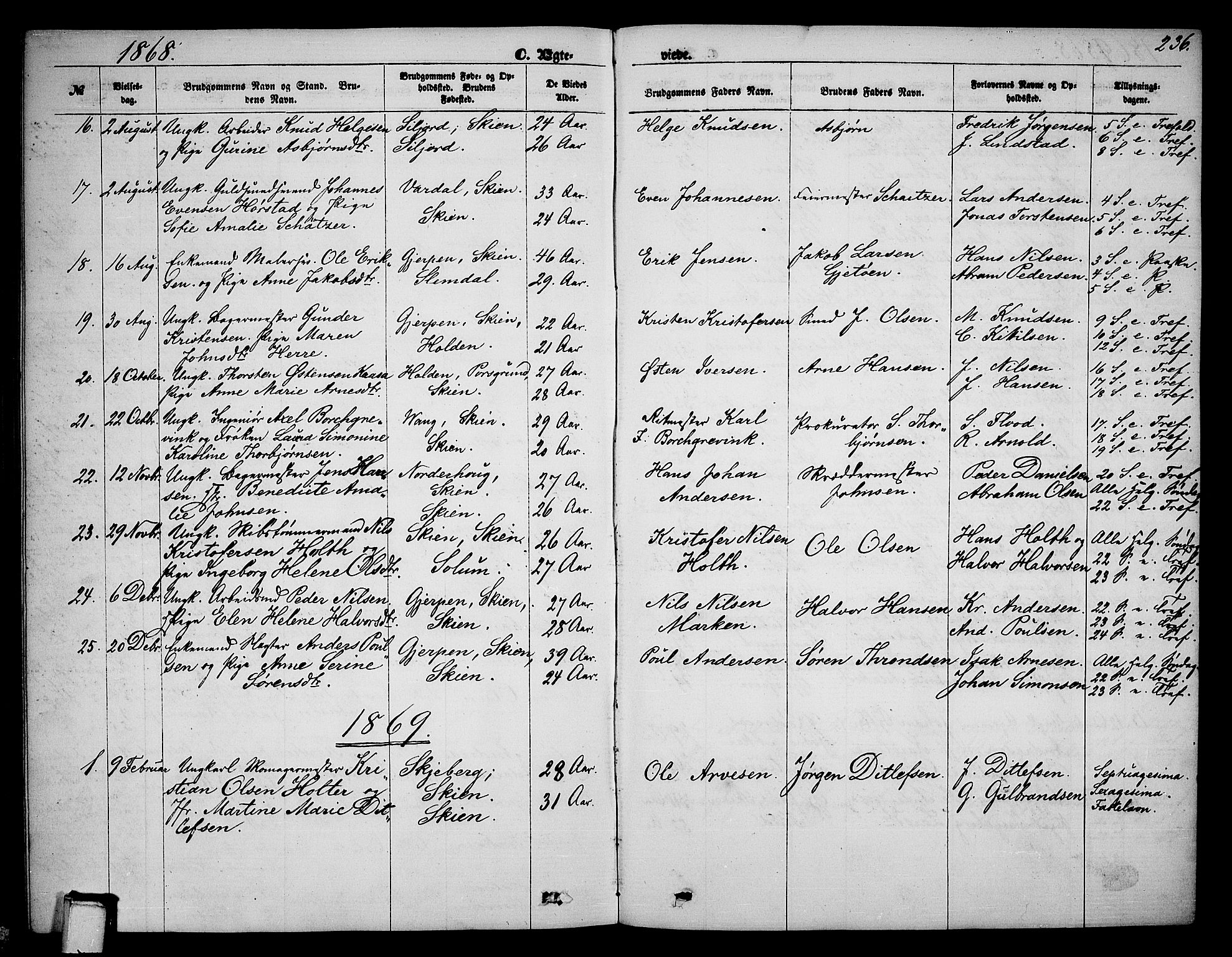 Skien kirkebøker, AV/SAKO-A-302/G/Ga/L0005: Klokkerbok nr. 5, 1868-1880, s. 236