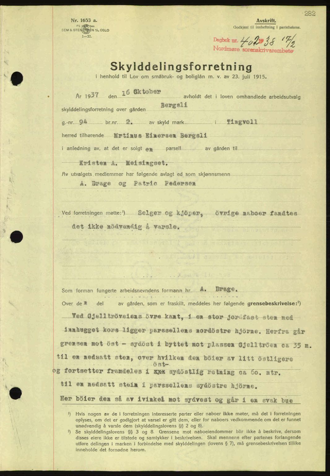 Nordmøre sorenskriveri, SAT/A-4132/1/2/2Ca: Pantebok nr. A83, 1938-1938, Dagboknr: 402/1938