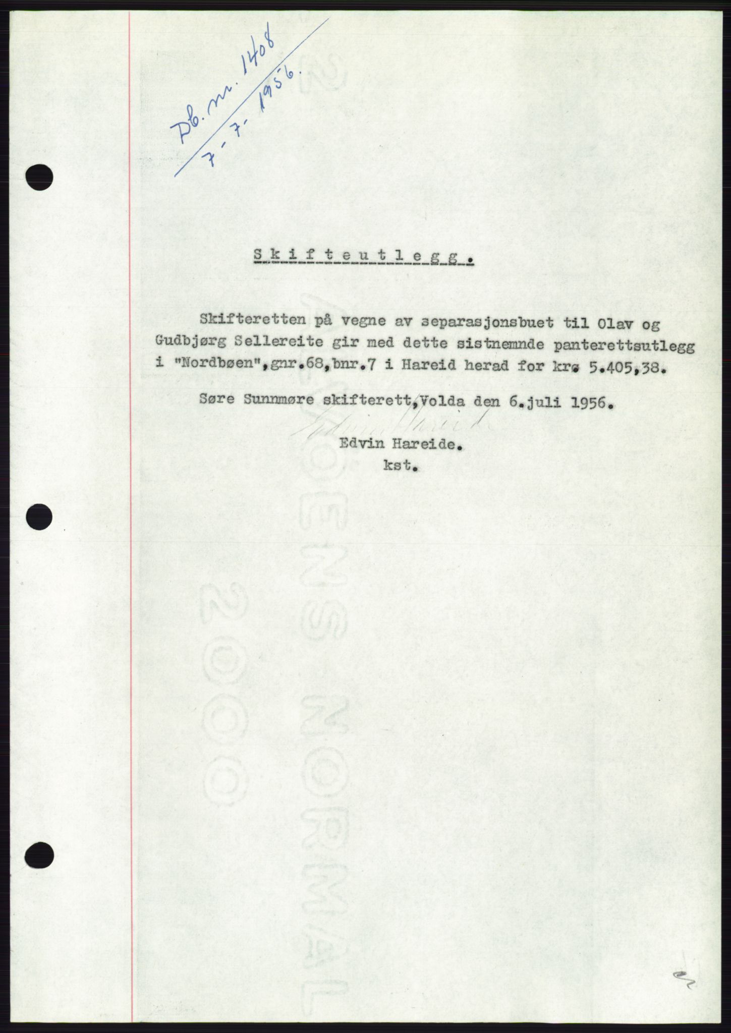 Søre Sunnmøre sorenskriveri, SAT/A-4122/1/2/2C/L0128: Pantebok nr. 16B, 1956-1956, Dagboknr: 1408/1956