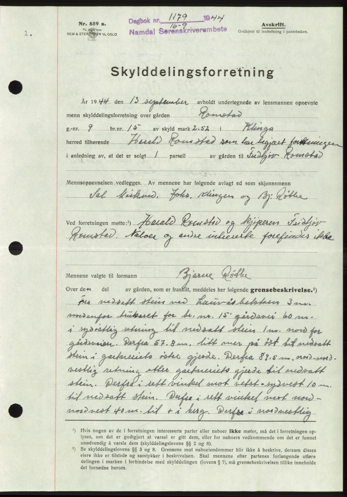Namdal sorenskriveri, SAT/A-4133/1/2/2C: Pantebok nr. -, 1944-1945, Dagboknr: 1179/1944
