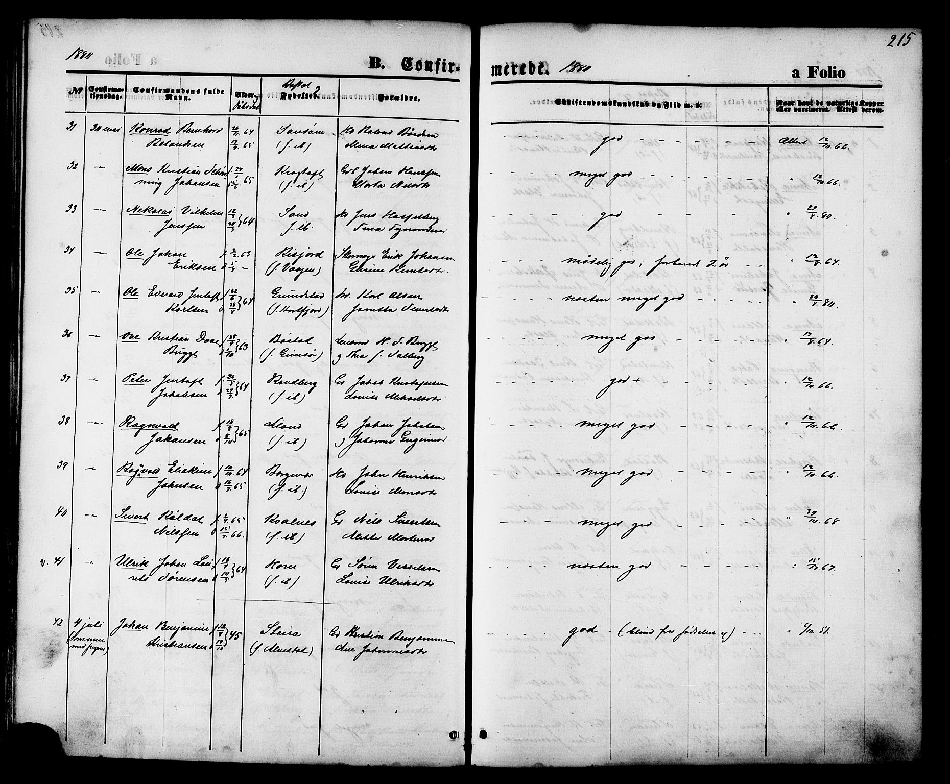 Ministerialprotokoller, klokkerbøker og fødselsregistre - Nordland, SAT/A-1459/880/L1132: Ministerialbok nr. 880A06, 1869-1887, s. 215