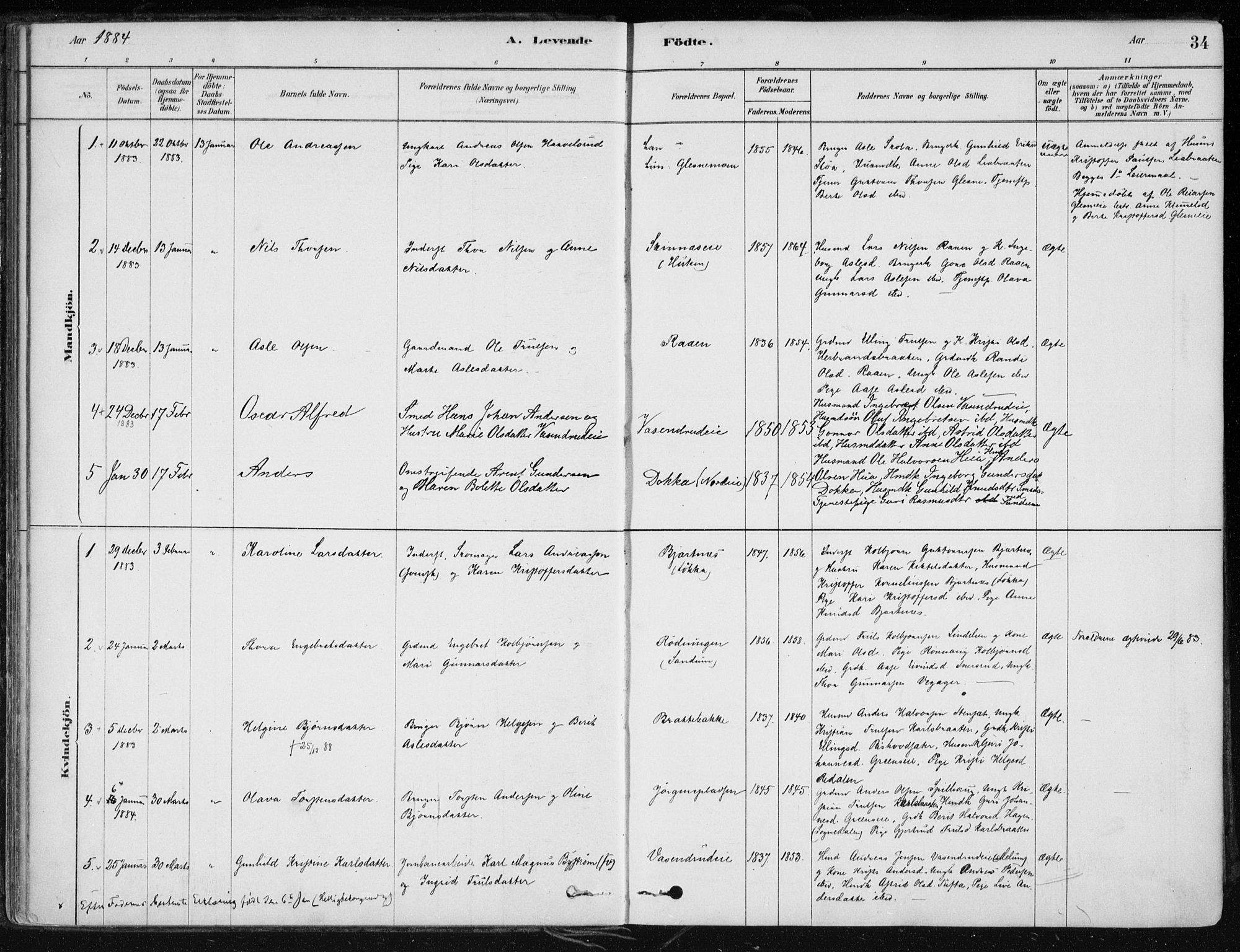 Krødsherad kirkebøker, AV/SAKO-A-19/F/Fa/L0005: Ministerialbok nr. 5, 1879-1888, s. 34