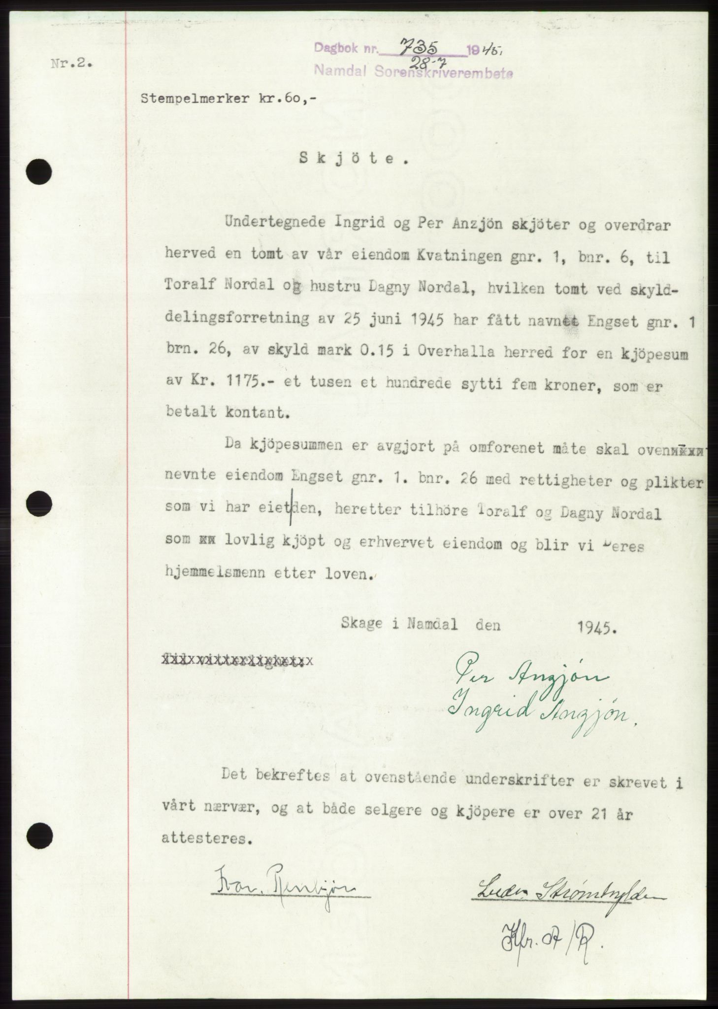 Namdal sorenskriveri, SAT/A-4133/1/2/2C: Pantebok nr. -, 1944-1945, Dagboknr: 735/1945