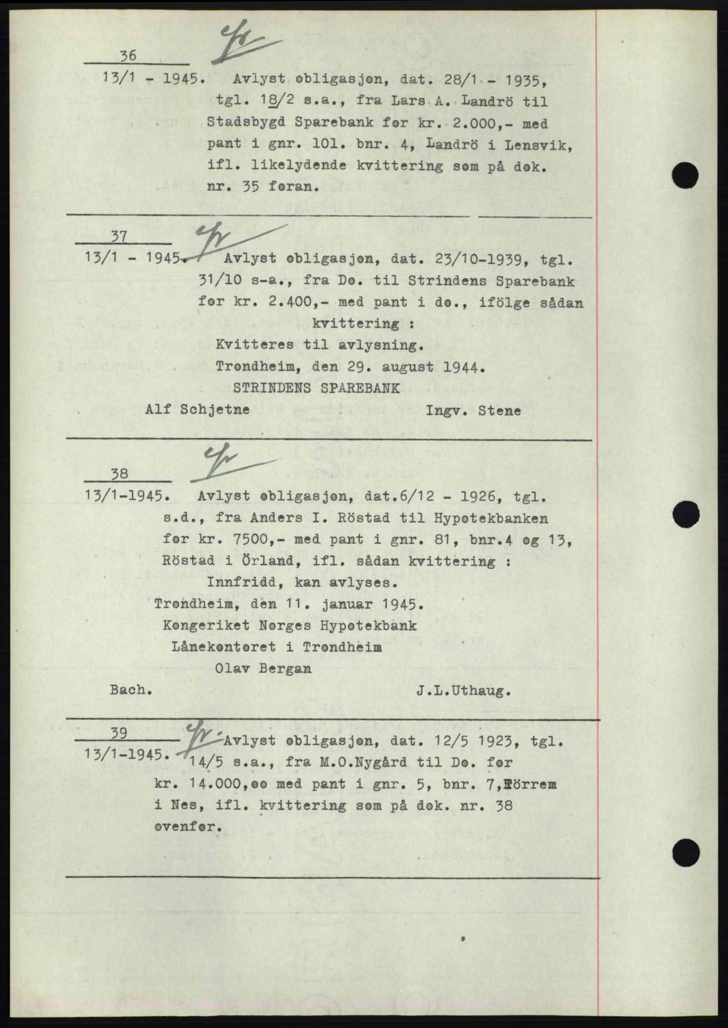 Fosen sorenskriveri, AV/SAT-A-1107/1/2/2C: Pantebok nr. B1, 1943-1946, Dagboknr: 36/1945