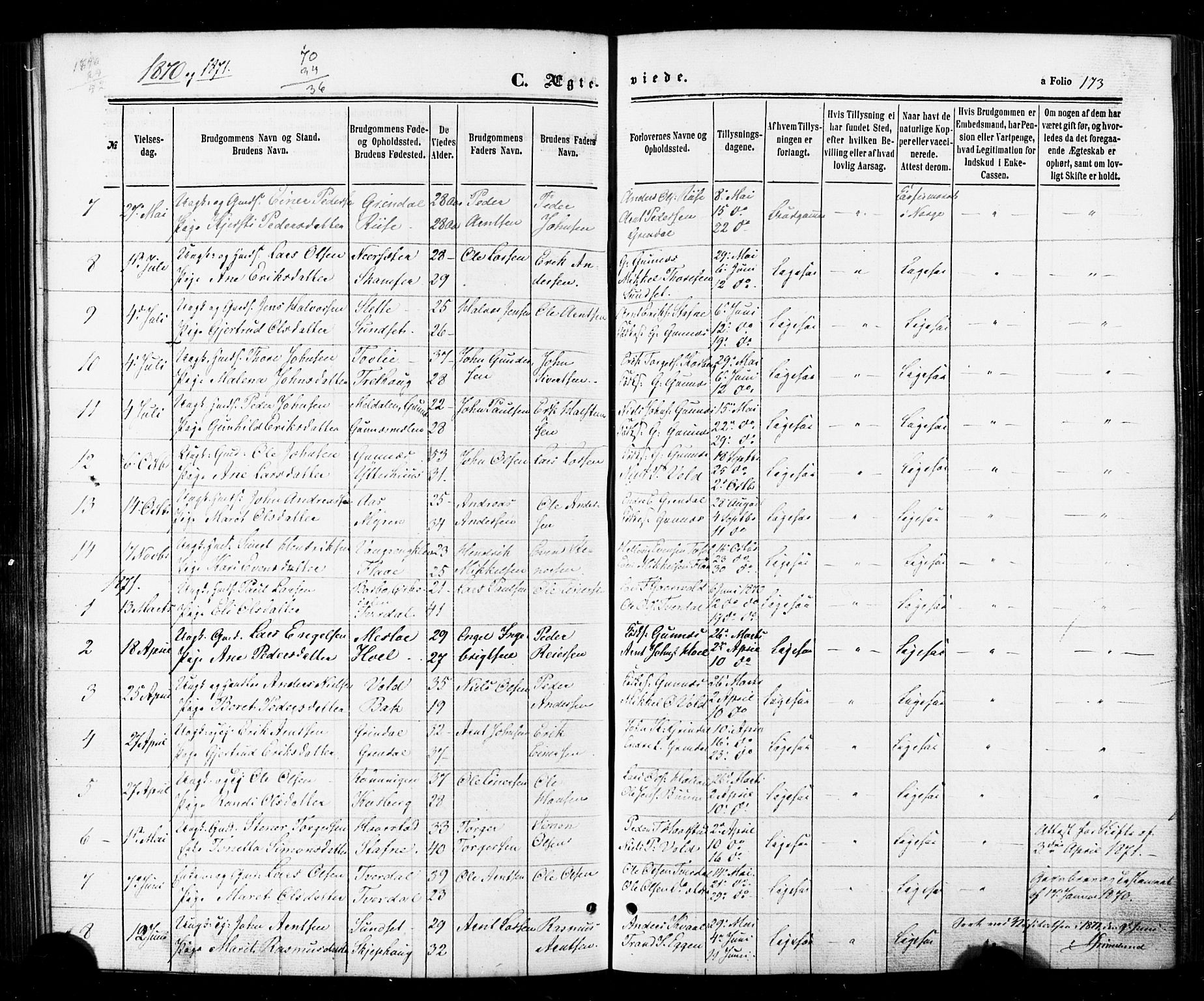Ministerialprotokoller, klokkerbøker og fødselsregistre - Sør-Trøndelag, AV/SAT-A-1456/674/L0870: Ministerialbok nr. 674A02, 1861-1879, s. 173