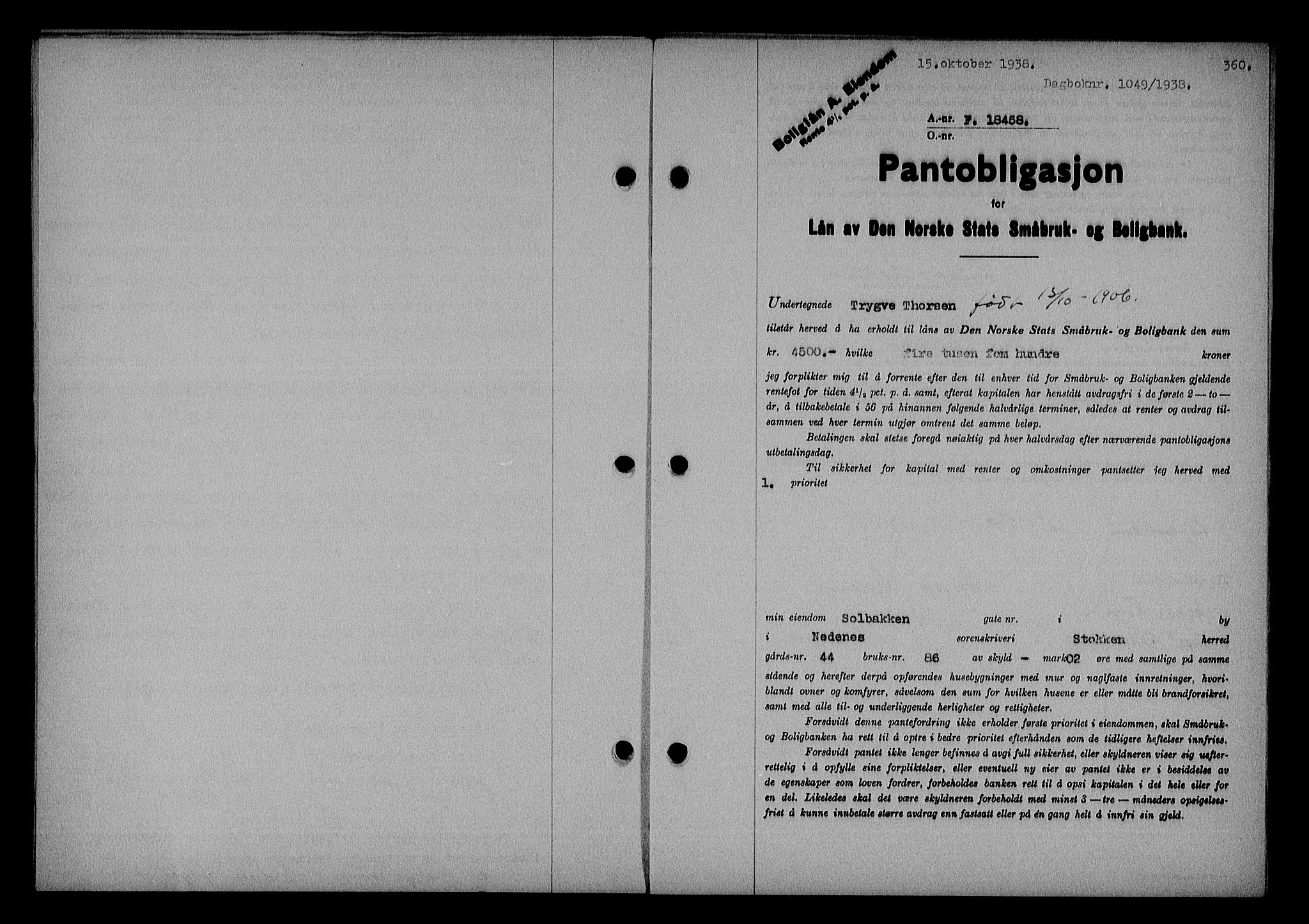 Nedenes sorenskriveri, SAK/1221-0006/G/Gb/Gba/L0045: Pantebok nr. 41, 1938-1938, Dagboknr: 1049/1938