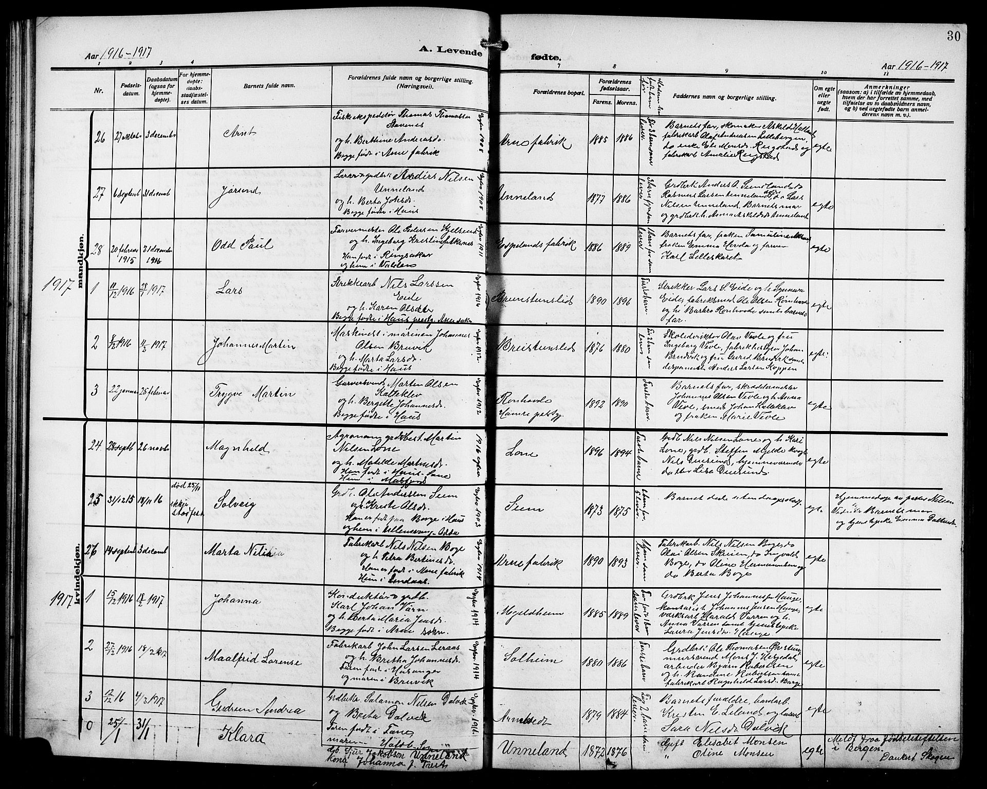 Arna sokneprestembete, AV/SAB-A-74001/H/Ha/Hab: Klokkerbok nr. A 5, 1911-1921, s. 30