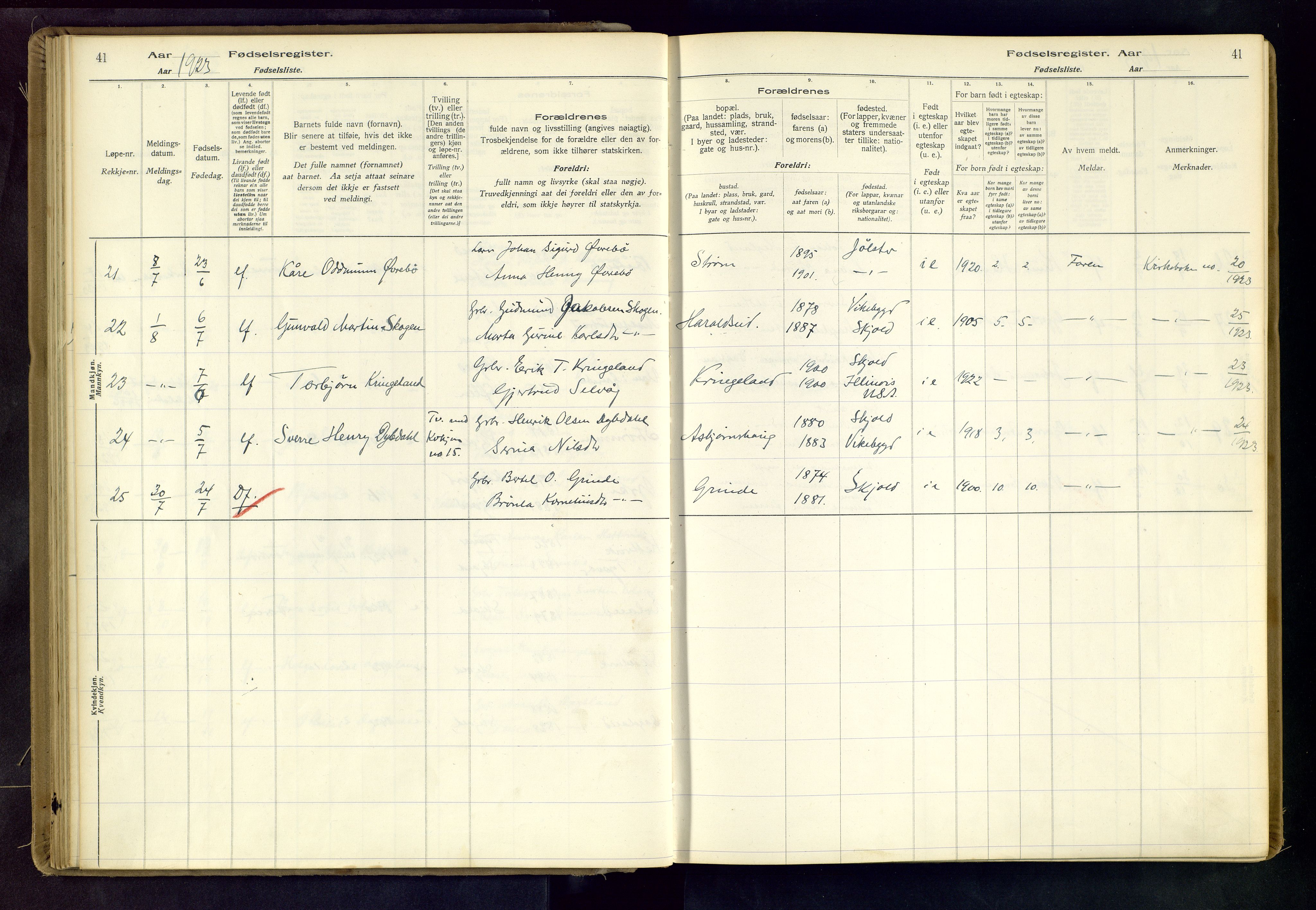 Skjold sokneprestkontor, SAST/A-101847/I/Id/L0001: Fødselsregister nr. 1, 1917-1951, s. 41