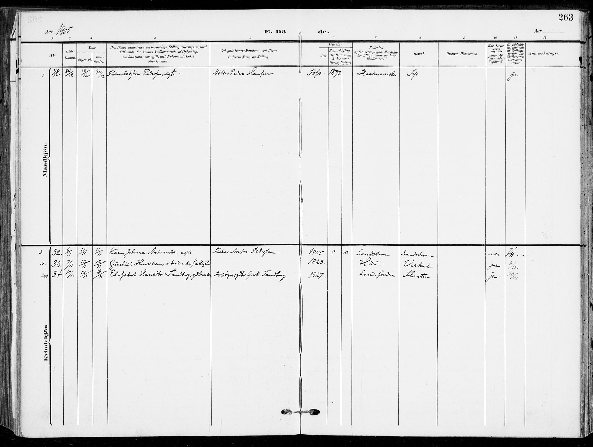 Sande Kirkebøker, AV/SAKO-A-53/F/Fa/L0008: Ministerialbok nr. 8, 1904-1921, s. 263