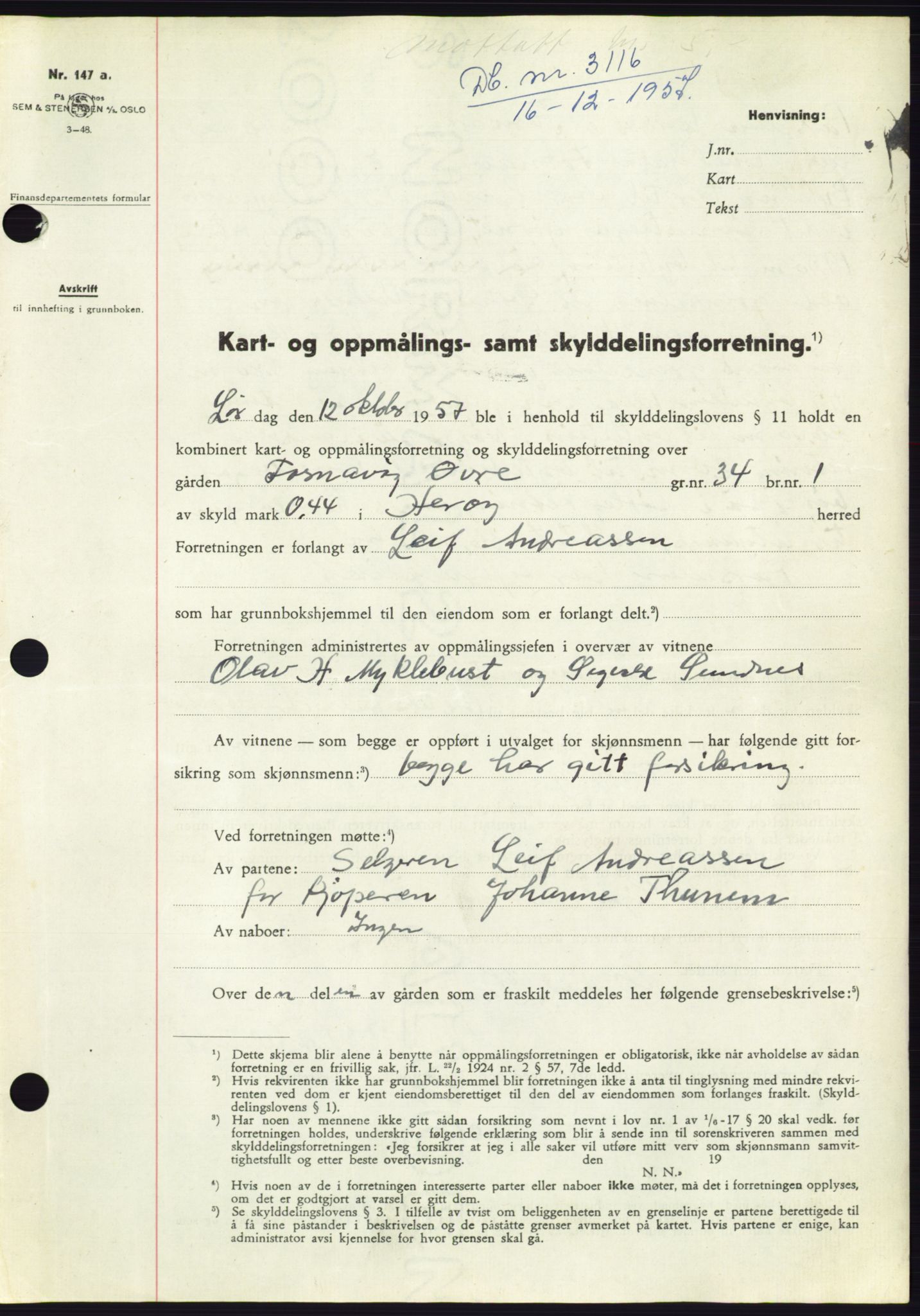 Søre Sunnmøre sorenskriveri, SAT/A-4122/1/2/2C/L0108: Pantebok nr. 34A, 1957-1958, Dagboknr: 3116/1957