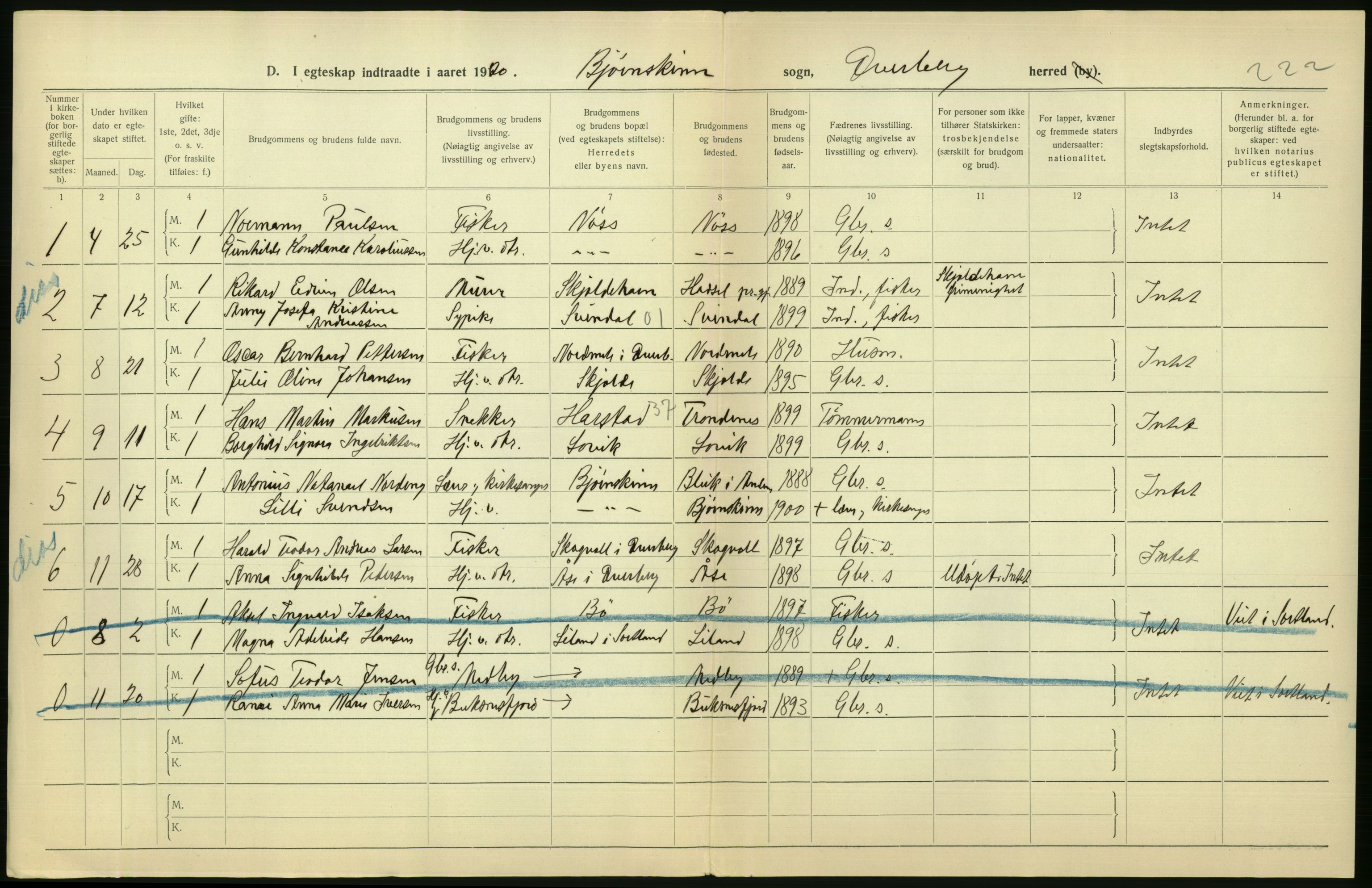 Statistisk sentralbyrå, Sosiodemografiske emner, Befolkning, RA/S-2228/D/Df/Dfb/Dfbj/L0057: Nordland fylke: Gifte, dødfødte. Bygder og byer., 1920, s. 300