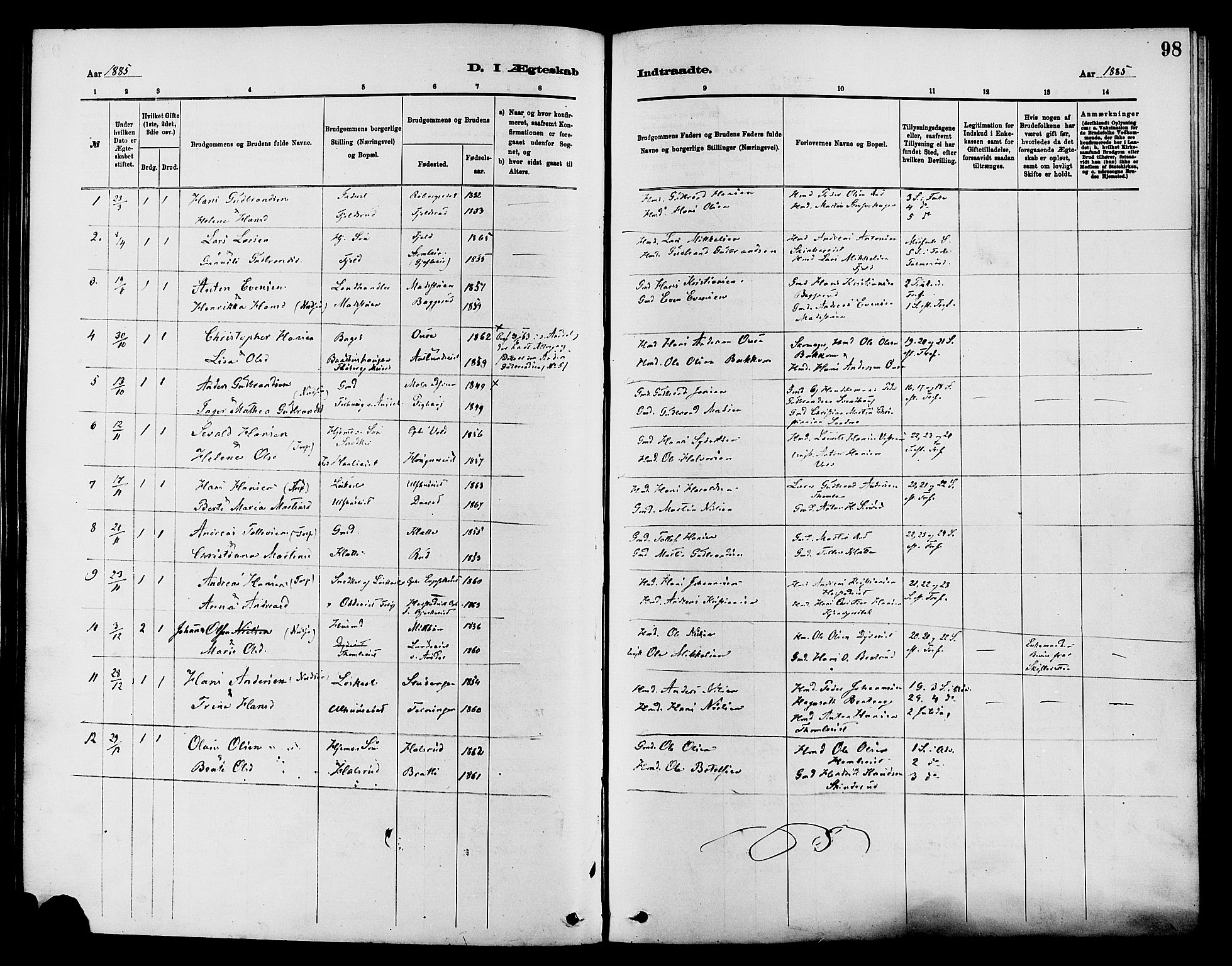 Nordre Land prestekontor, AV/SAH-PREST-124/H/Ha/Haa/L0003: Ministerialbok nr. 3, 1882-1896, s. 98