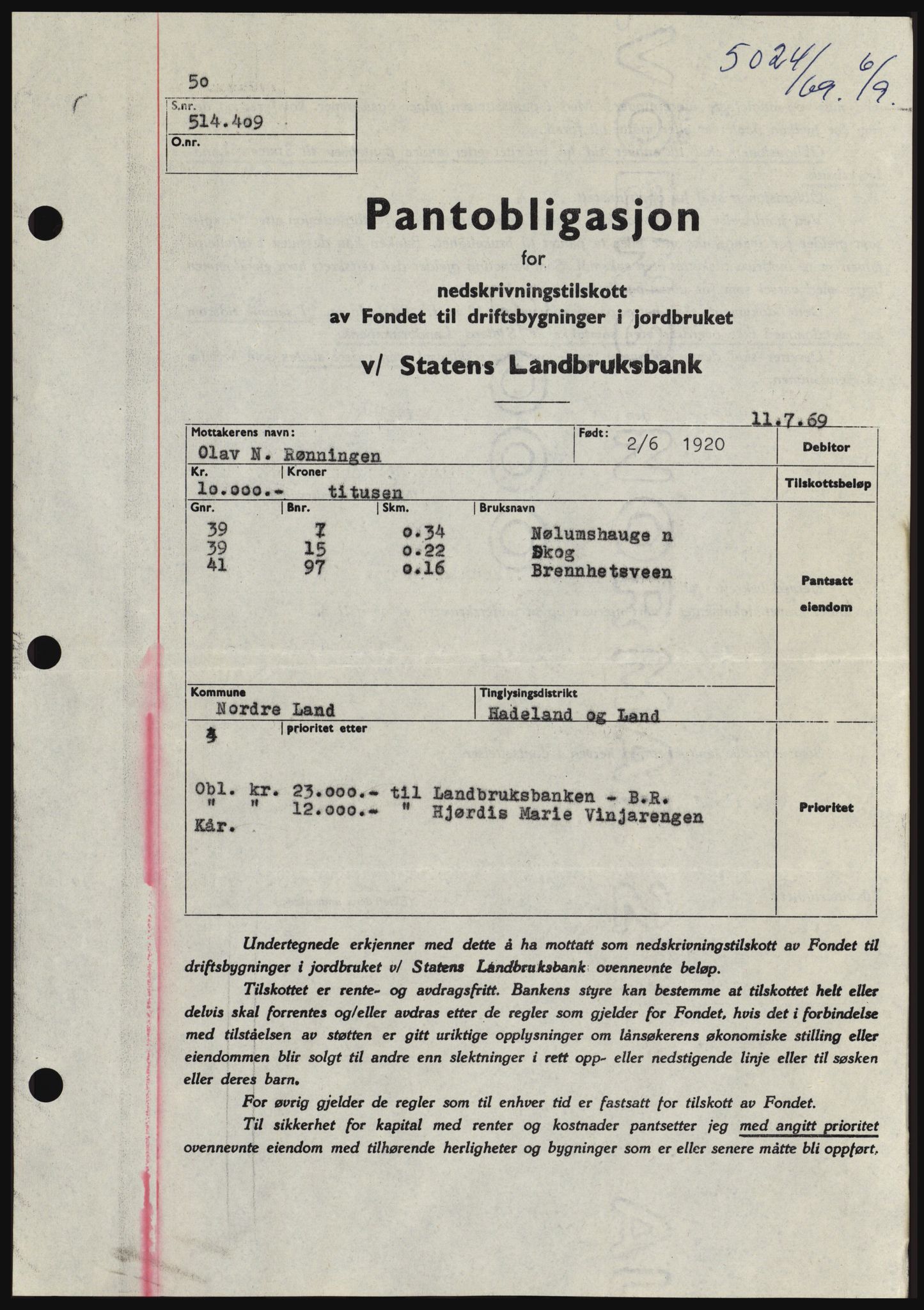 Hadeland og Land tingrett, SAH/TING-010/H/Hb/Hbc/L0074: Pantebok nr. B74, 1969-1969, Dagboknr: 5024/1969