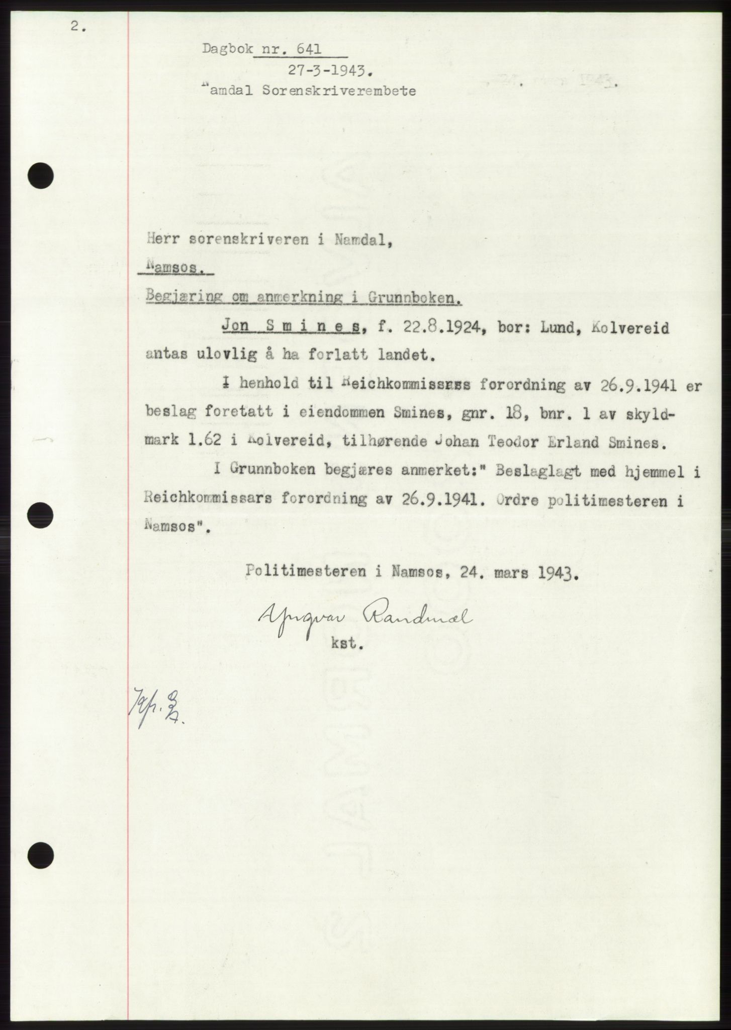 Namdal sorenskriveri, SAT/A-4133/1/2/2C: Pantebok nr. -, 1942-1943, Dagboknr: 641/1943