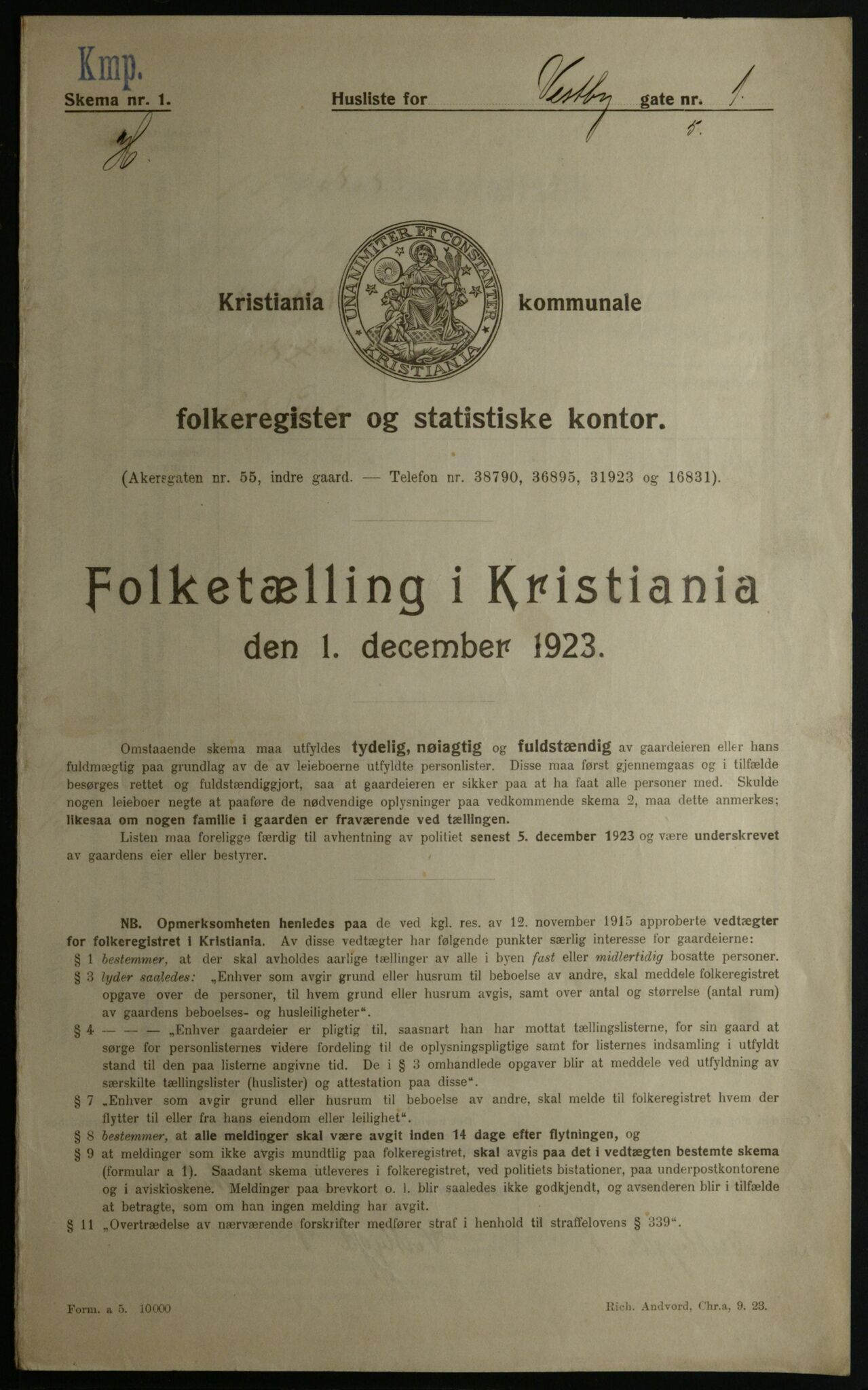 OBA, Kommunal folketelling 1.12.1923 for Kristiania, 1923, s. 109889