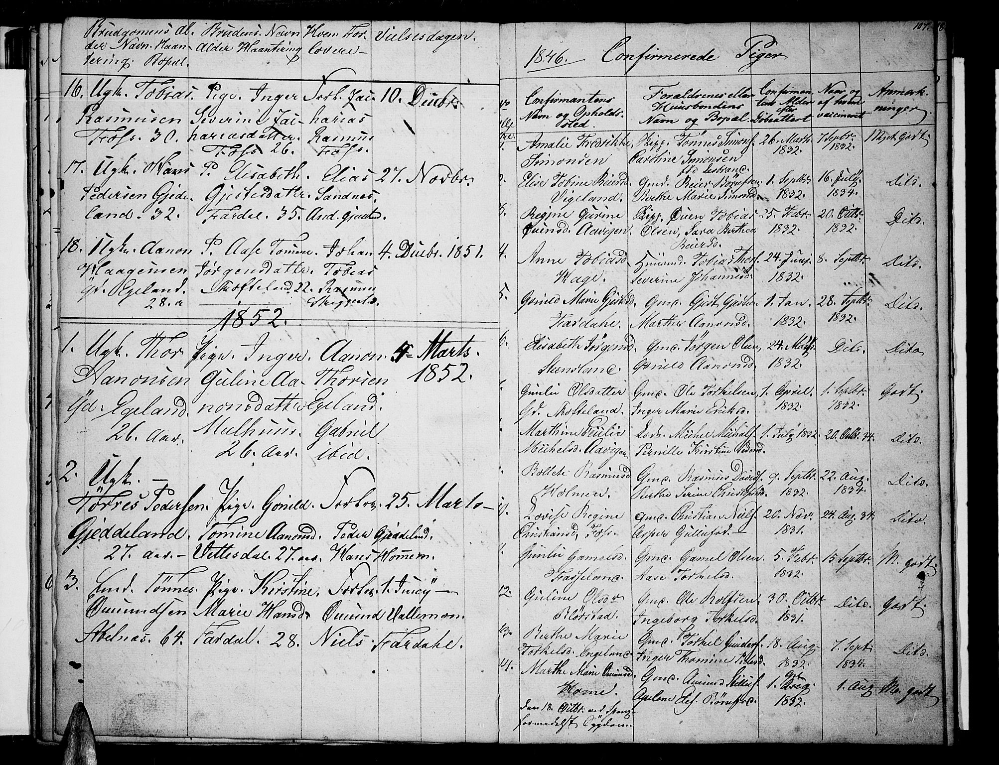 Sør-Audnedal sokneprestkontor, AV/SAK-1111-0039/F/Fb/Fbb/L0002: Klokkerbok nr. B 2, 1846-1865, s. 107