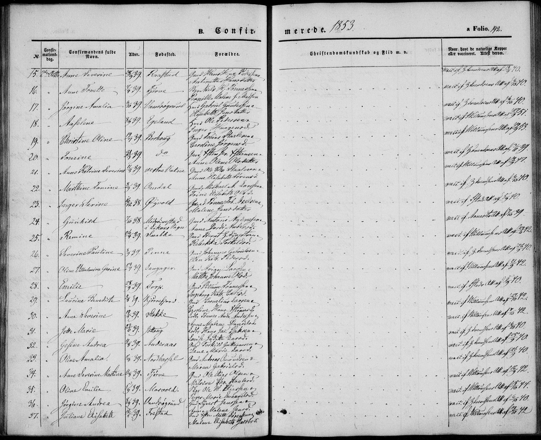 Lista sokneprestkontor, AV/SAK-1111-0027/F/Fb/L0002: Klokkerbok nr. B 2, 1847-1862, s. 192