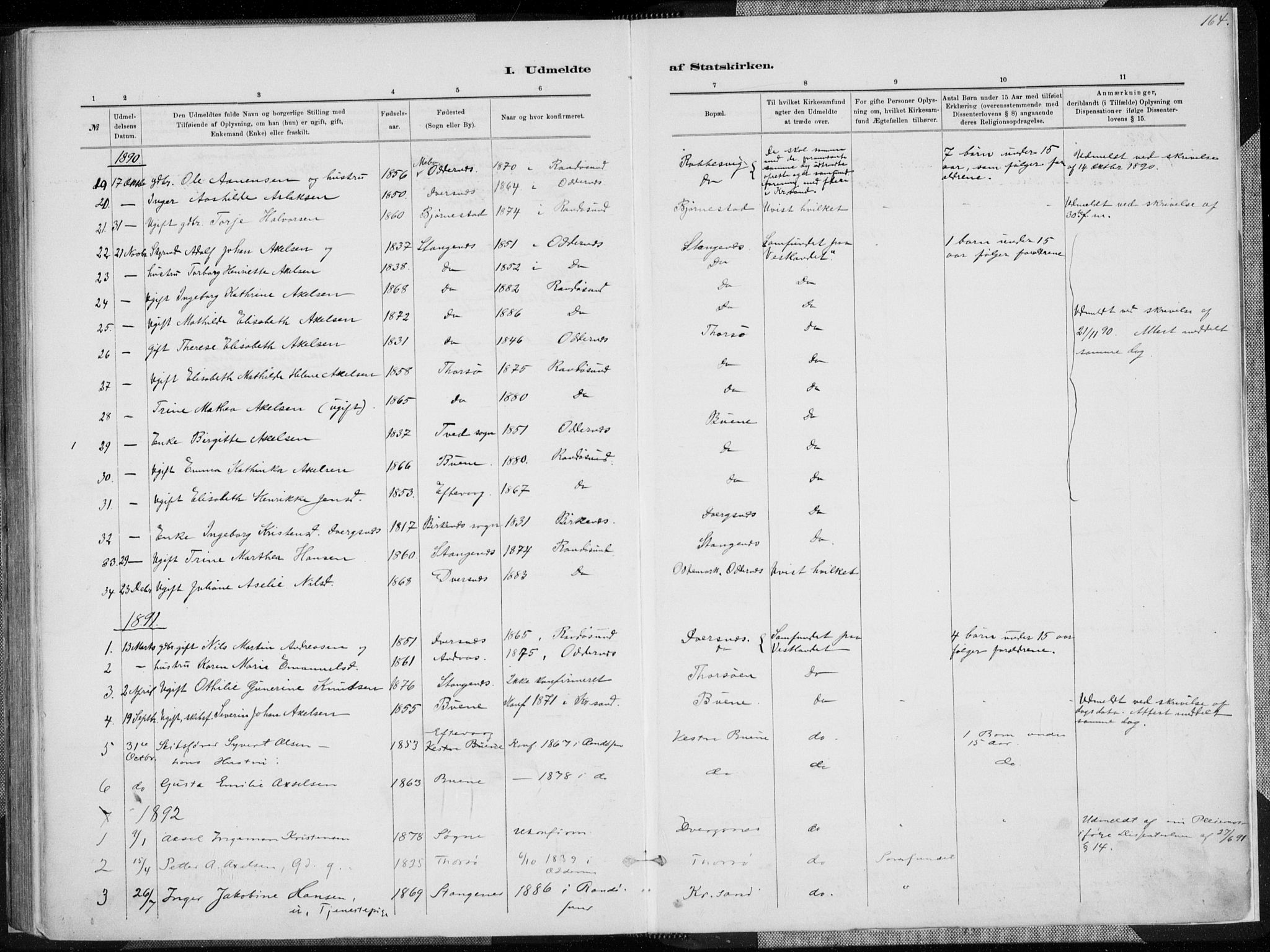 Oddernes sokneprestkontor, AV/SAK-1111-0033/F/Fa/Fab/L0002: Ministerialbok nr. A 2, 1884-1903, s. 164