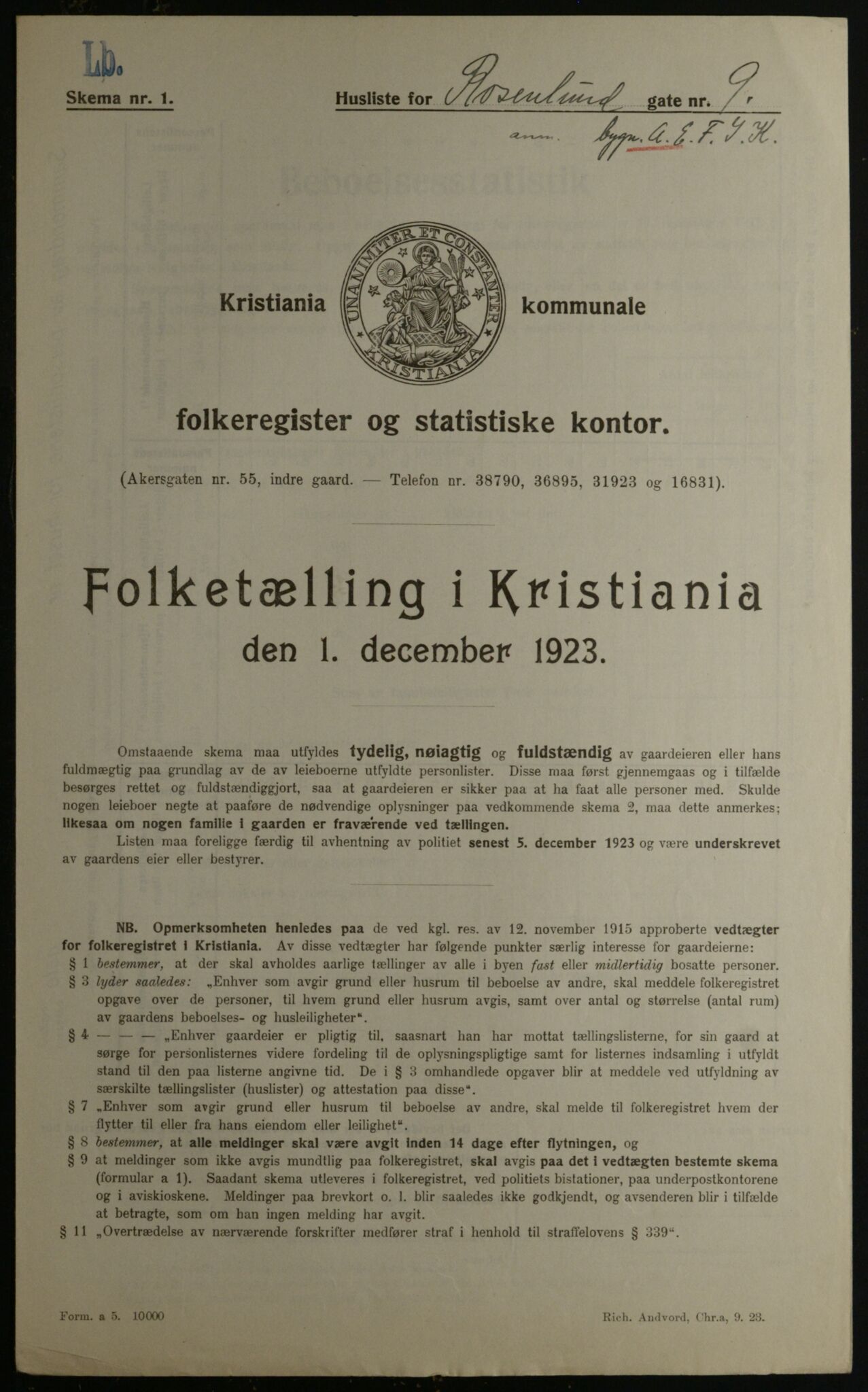 OBA, Kommunal folketelling 1.12.1923 for Kristiania, 1923, s. 92918