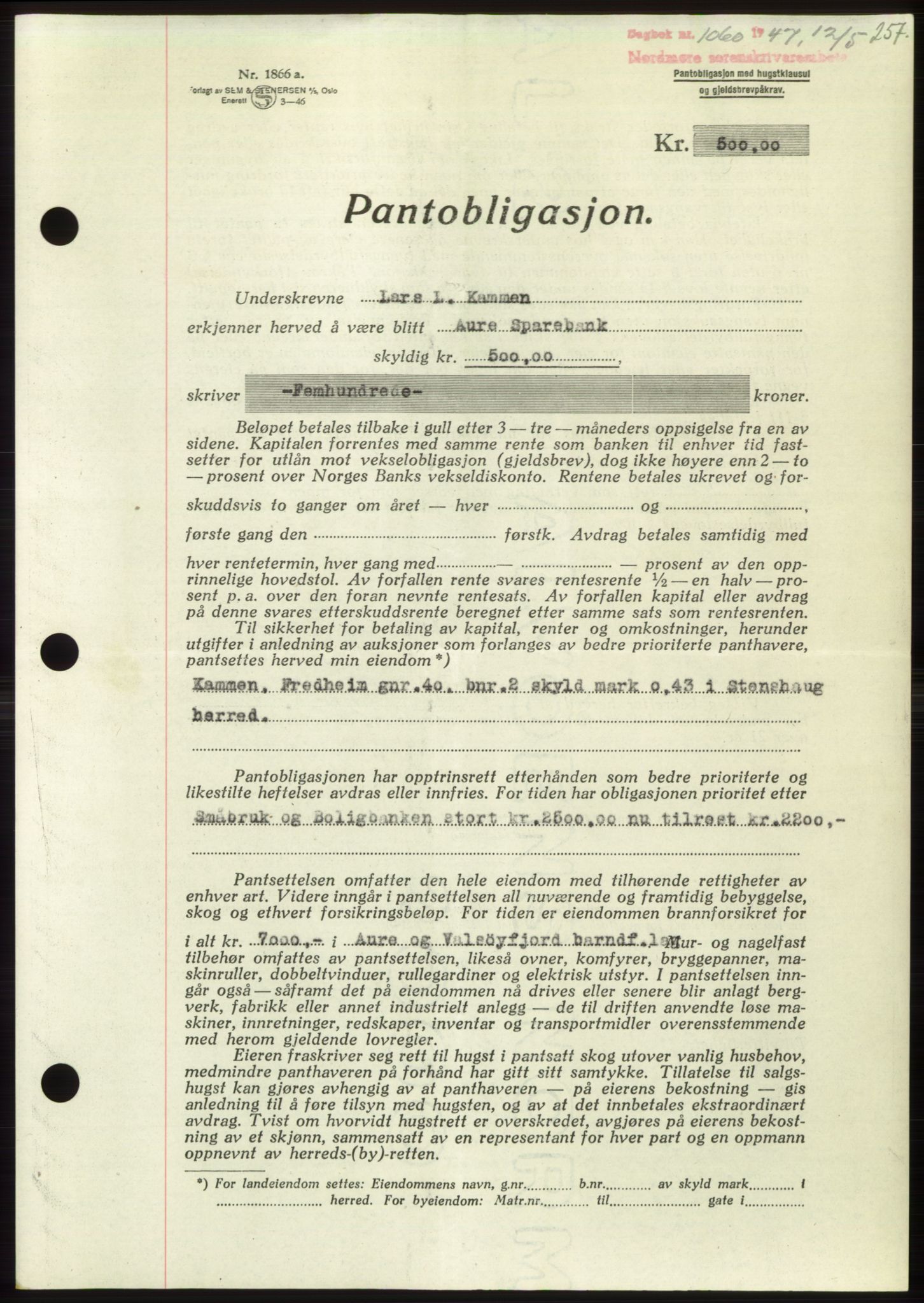 Nordmøre sorenskriveri, SAT/A-4132/1/2/2Ca: Pantebok nr. B96, 1947-1947, Dagboknr: 1060/1947